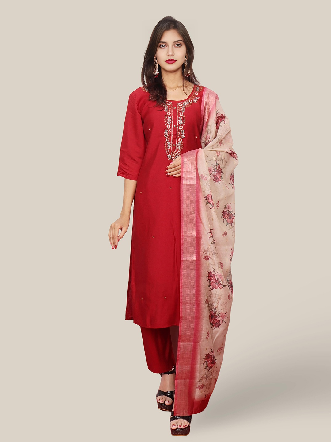 

Shreekama Floral Embroidered Round Neck Sequinned Straight Kurta With Trouser & Dupatta, Maroon