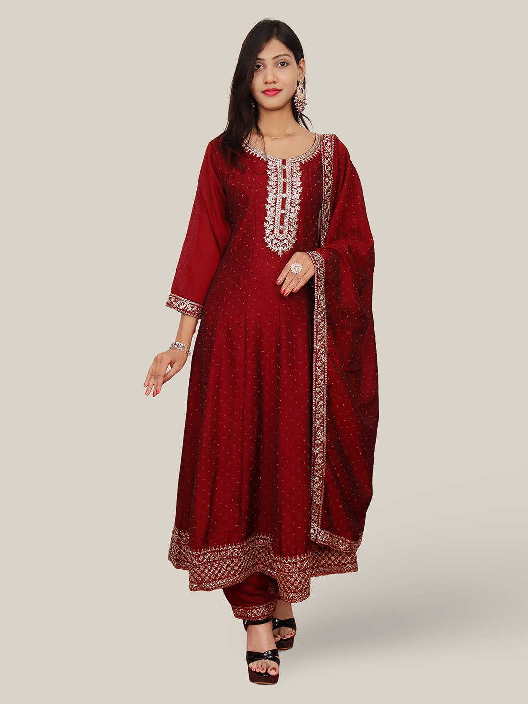 

Shreekama Floral Embroidered Round Neck Chinon Anarkali Kurta With Trouser & Dupatta, Maroon