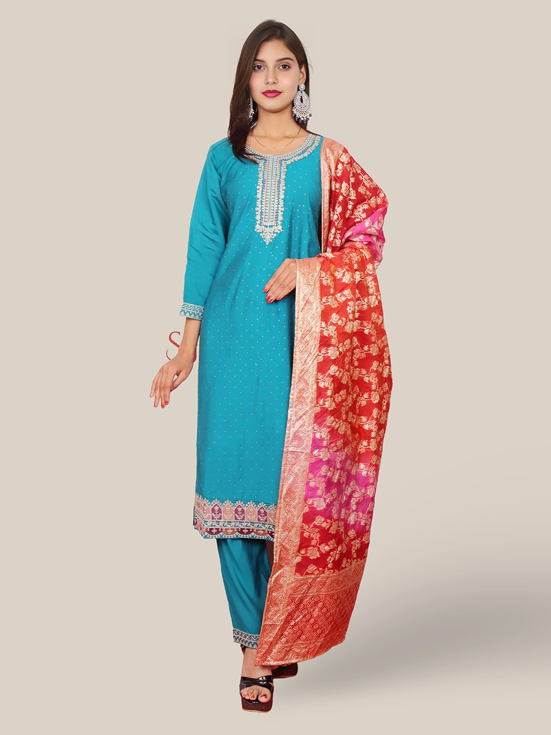 

Shreekama Floral Embroidered Round Neck Sequinned Straight Kurta With Trouser & Dupatta, Blue