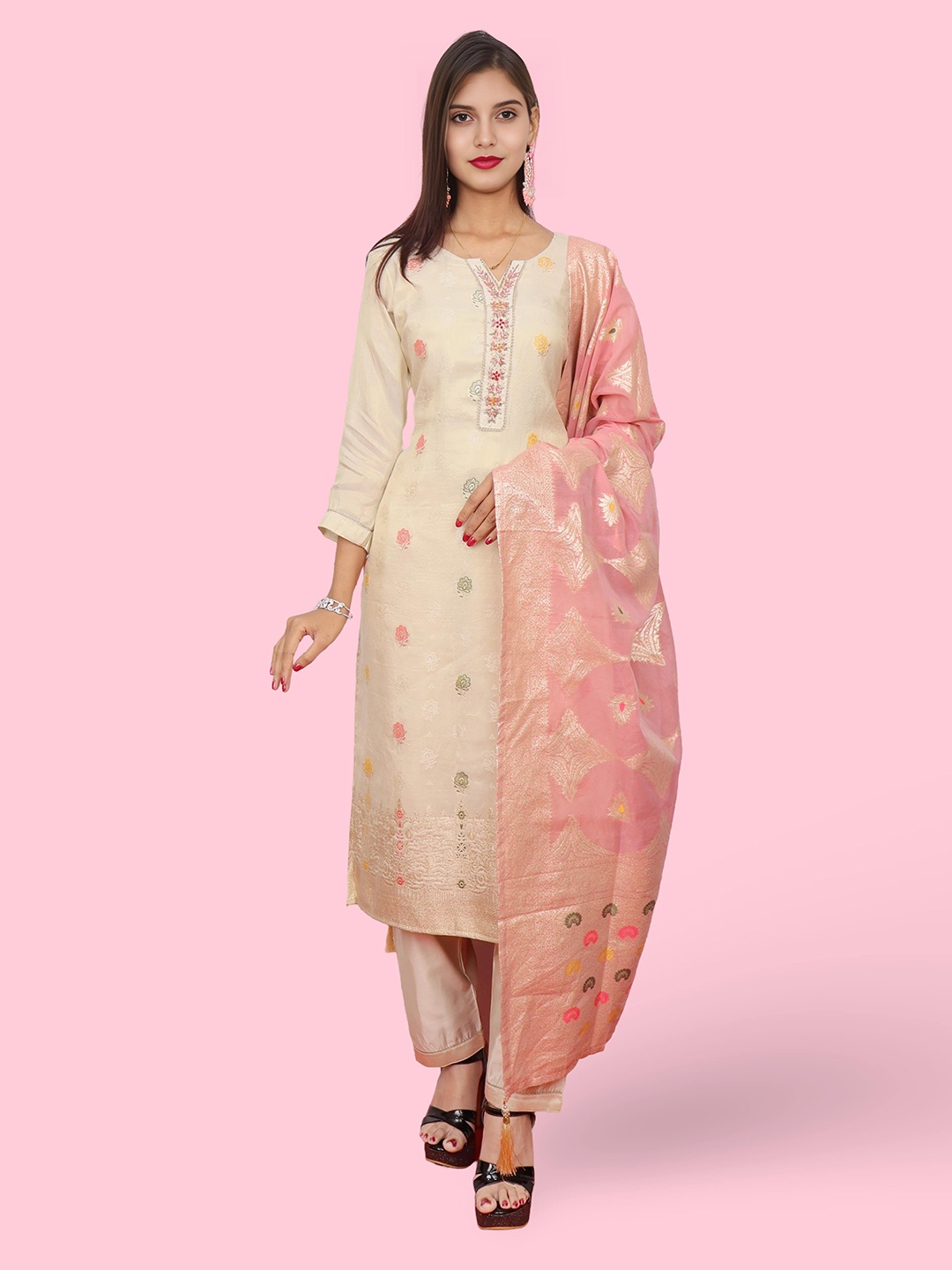 

Shreekama Floral Embroidered Notch Neck Chanderi Silk Straight Kurta & Trouser & Dupatta, Beige