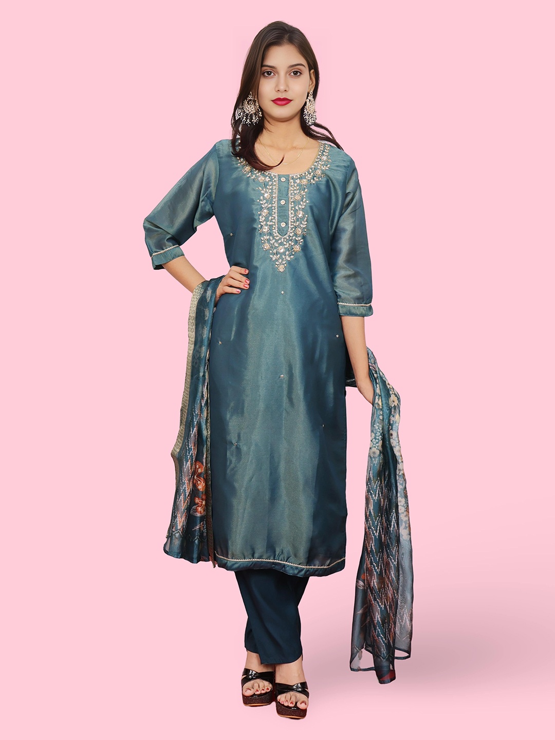 

Shreekama Floral Embroidered Chanderi Silk Straight Kurta With Trouser & Dupatta, Blue
