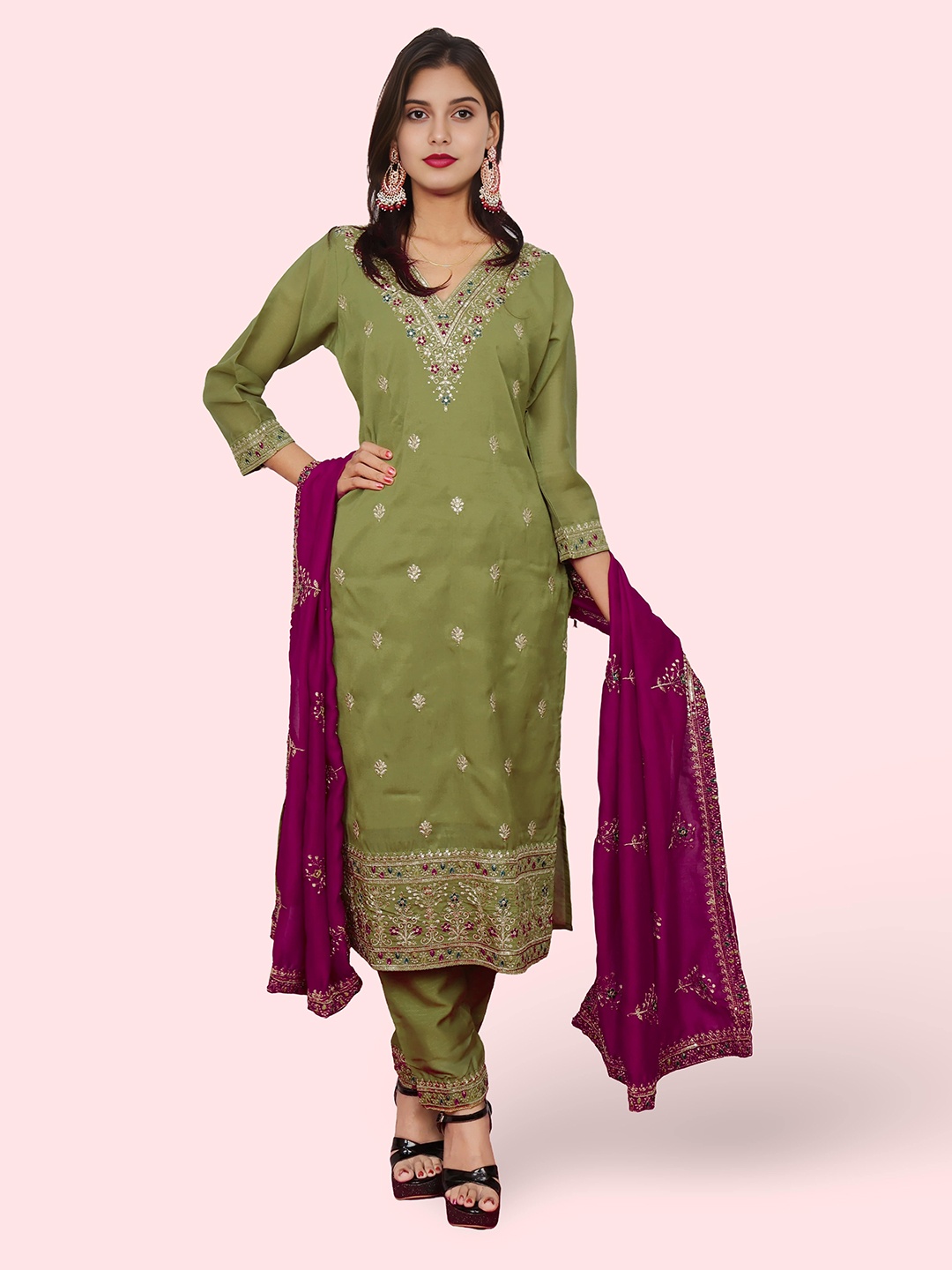 

Shreekama Floral Embroidered V-Neck Sequinned Straight Kurta With Trouser & Dupatta, Green