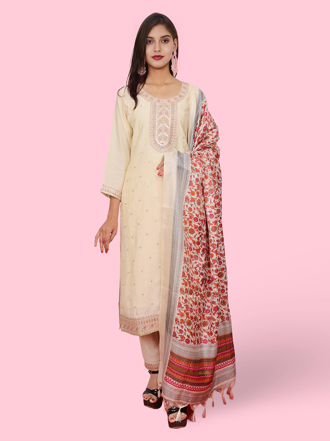 

Shreekama Floral Embroidered Chanderi Silk Straight Kurta With Trouser & Dupatta, Beige