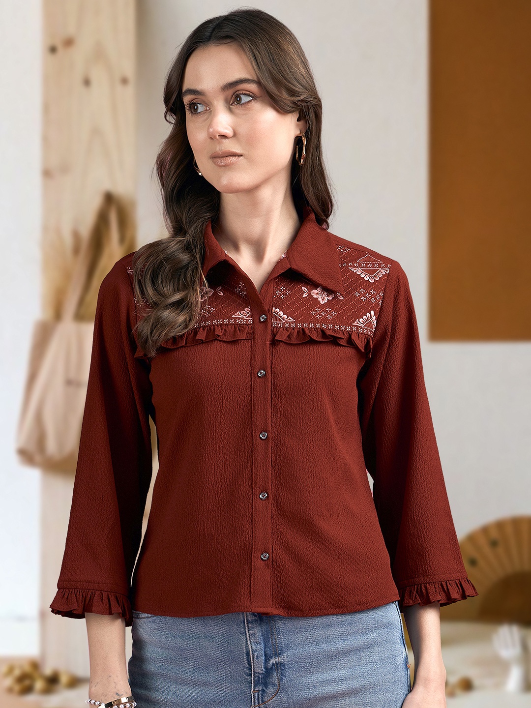 

DressBerry Women Classic Boxy Fit Spread Collar Floral Printed Casual Shirt, Maroon