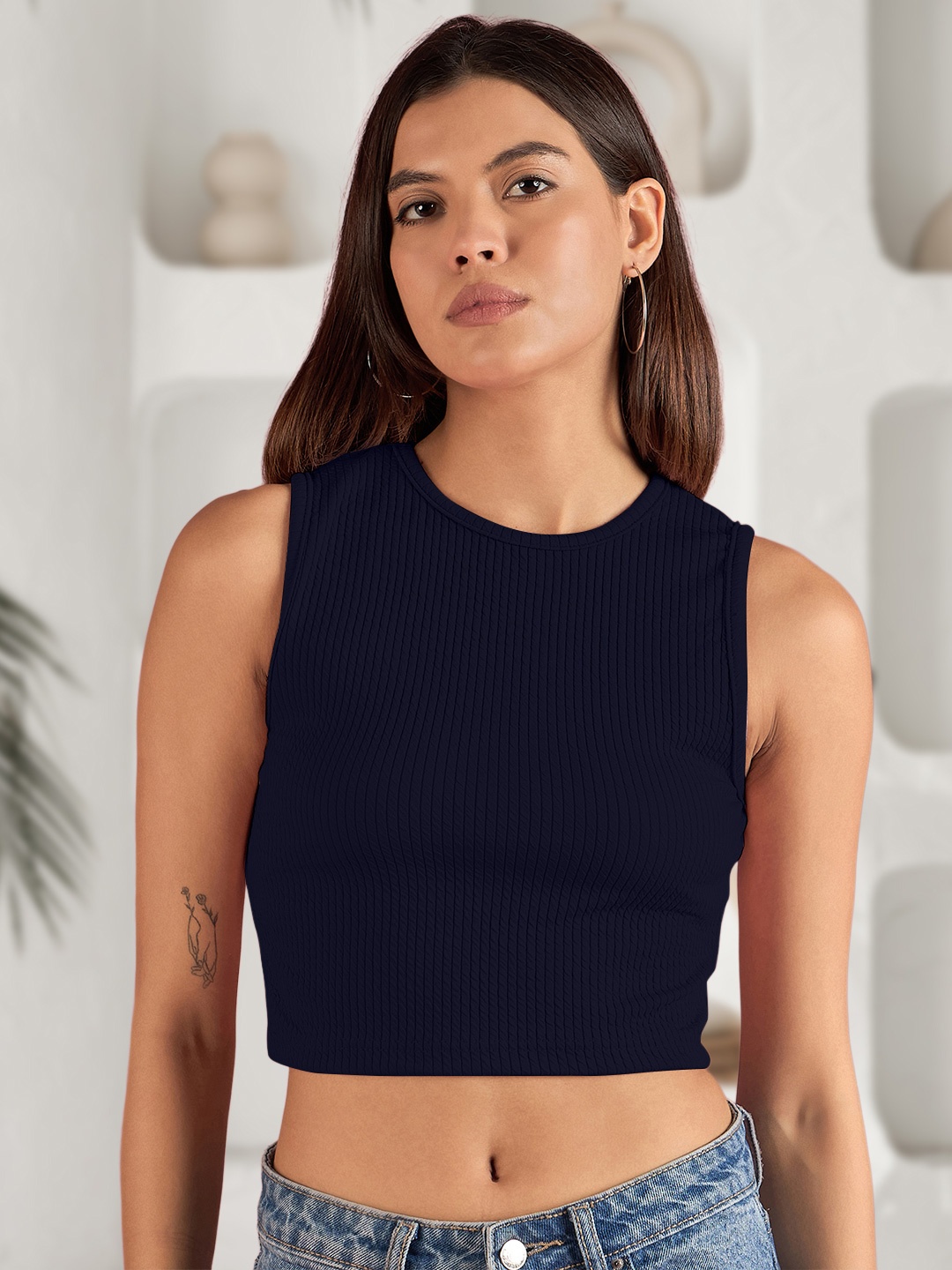 

DressBerry Chambray Tank Crop Top, Navy blue