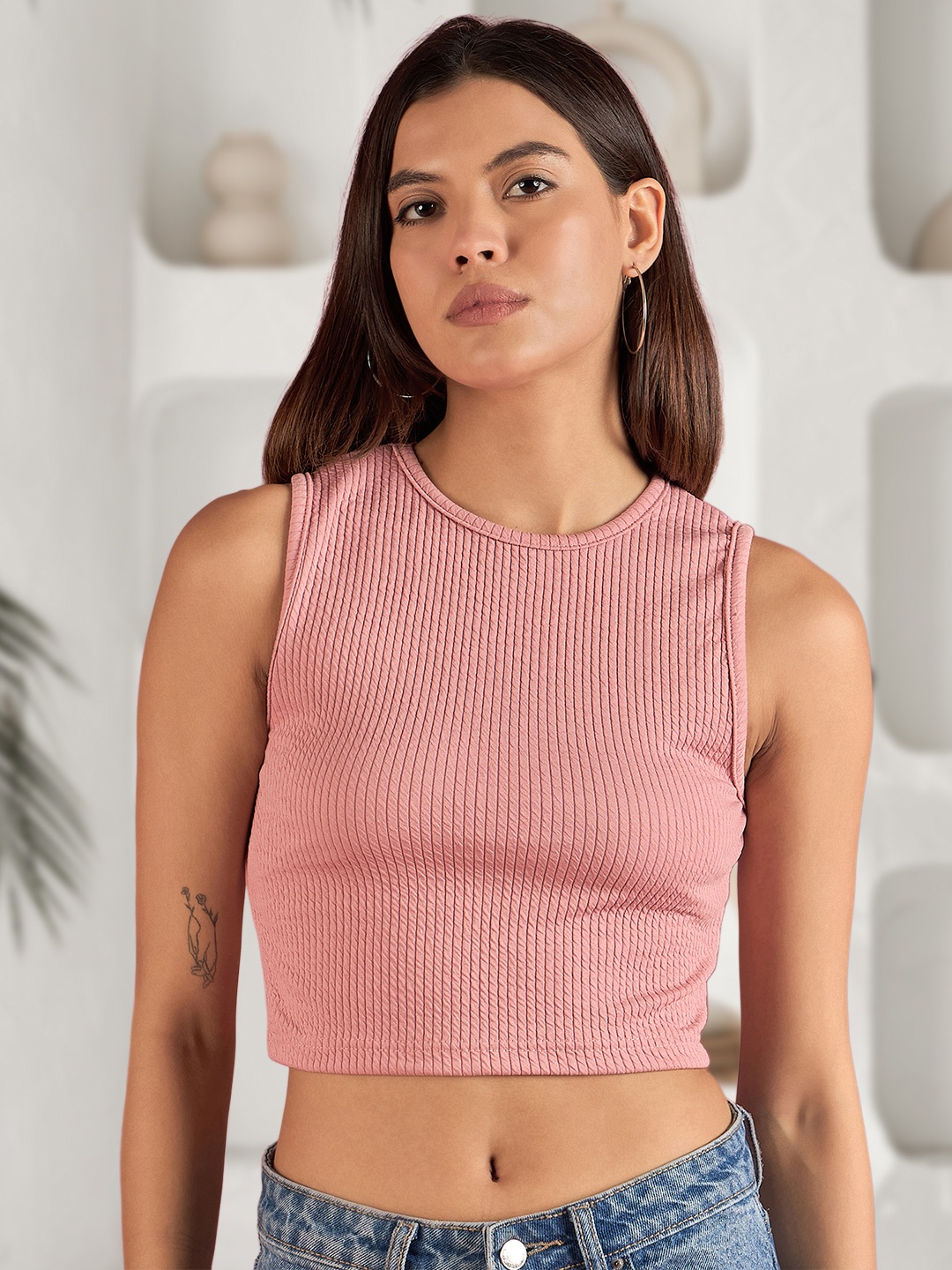 

DressBerry Women Round Neck Tank Crop Top, Pink