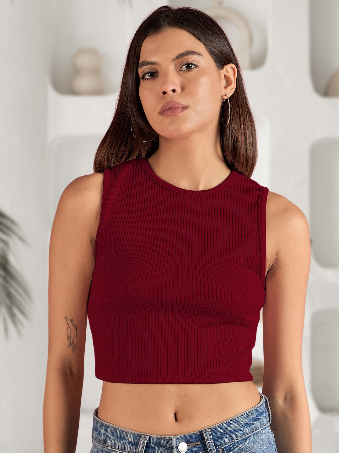 

DressBerry Women Ribbed Chambray Tank Crop Top, Maroon