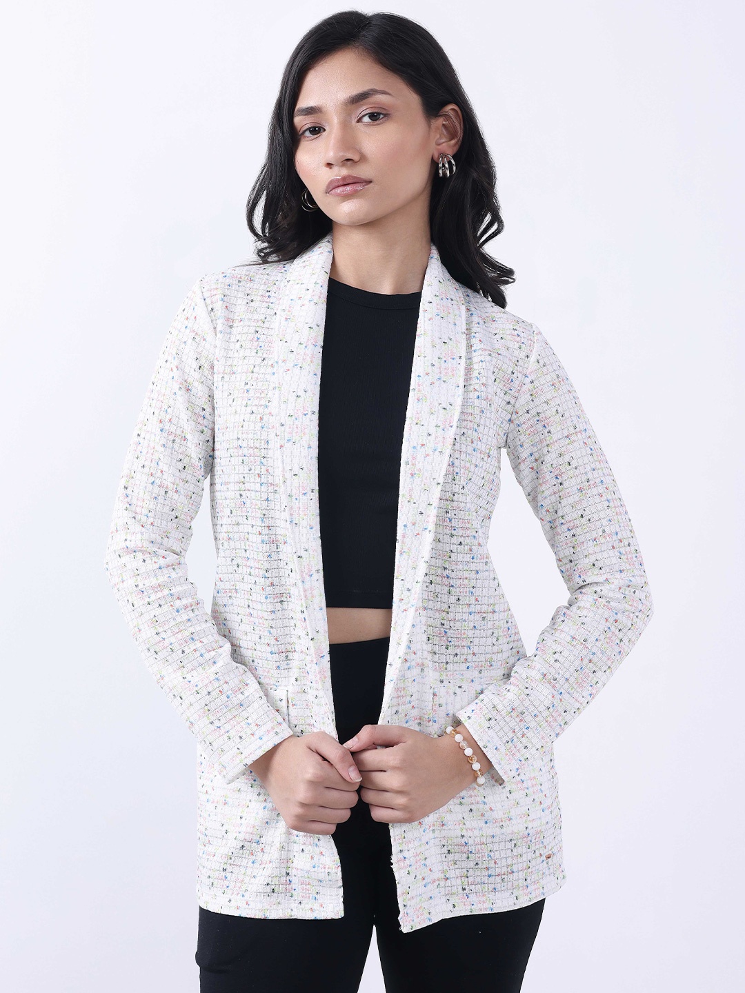 

Bonnaty Printed Cotton Open Front Shrug, White