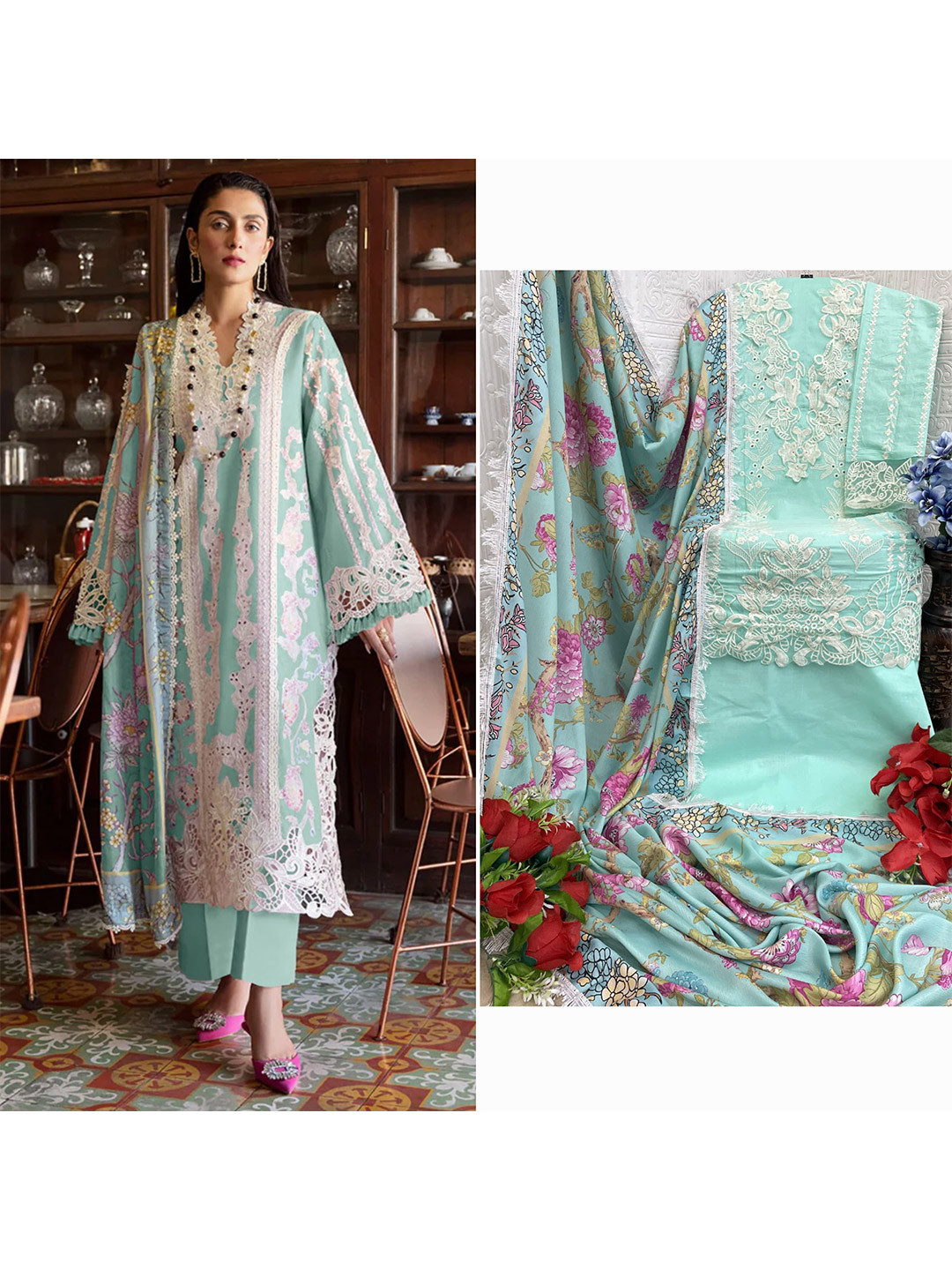 

ANAMSA Ethnic Motifs Embroidered Pure Cotton Semi-Stitched Dress Material, Turquoise blue