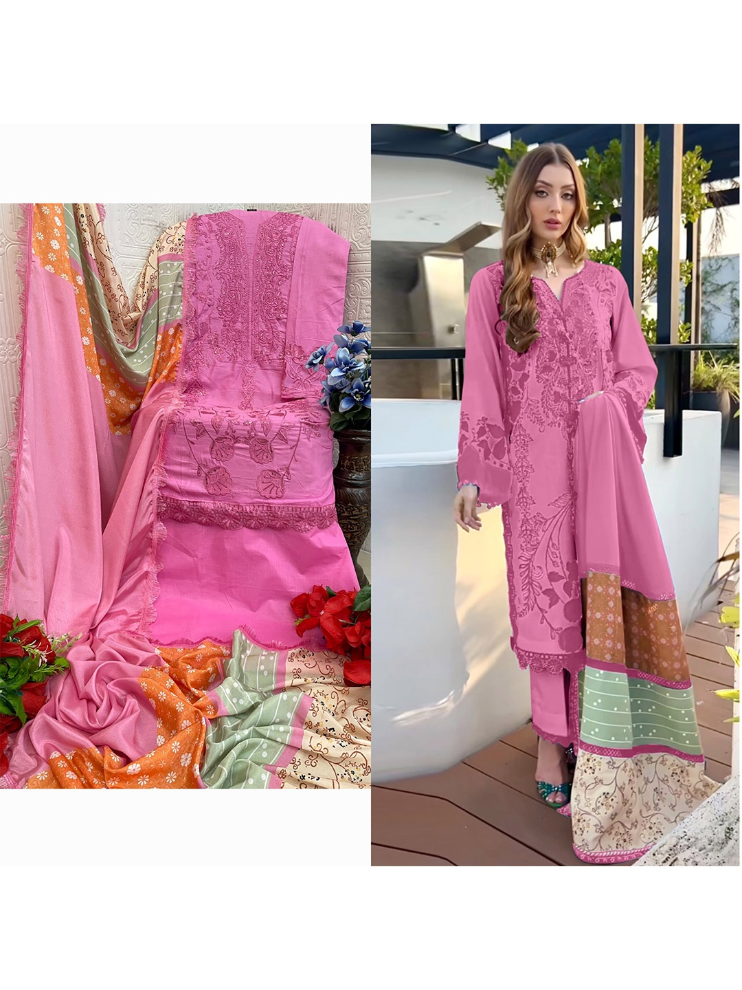 

ANAMSA Ethnic Motifs Embroidered Pure Cotton Semi-Stitched Dress Material, Pink