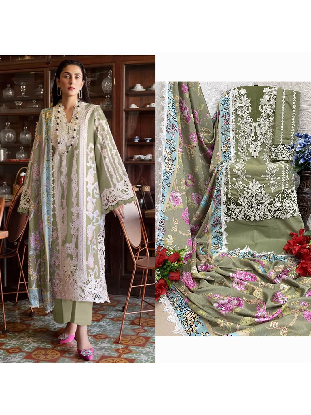 

ANAMSA Ethnic Motifs Embroidered Pure Cotton Semi-Stitched Dress Material, Olive