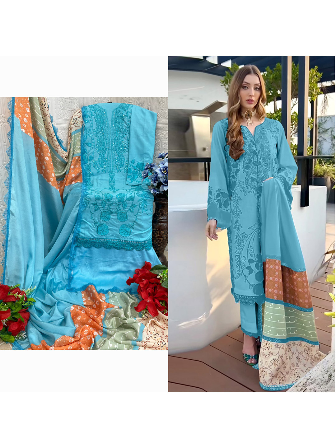 

ANAMSA Ethnic Motifs Embroidered Pure Cotton Semi-Stitched Dress Material, Blue