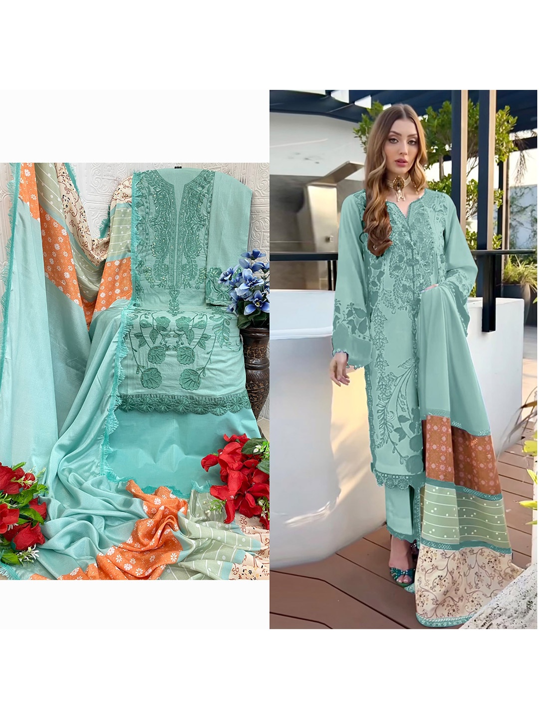 

ANAMSA Ethnic Motifs Embroidered Pure Cotton Semi-Stitched Dress Material, Green