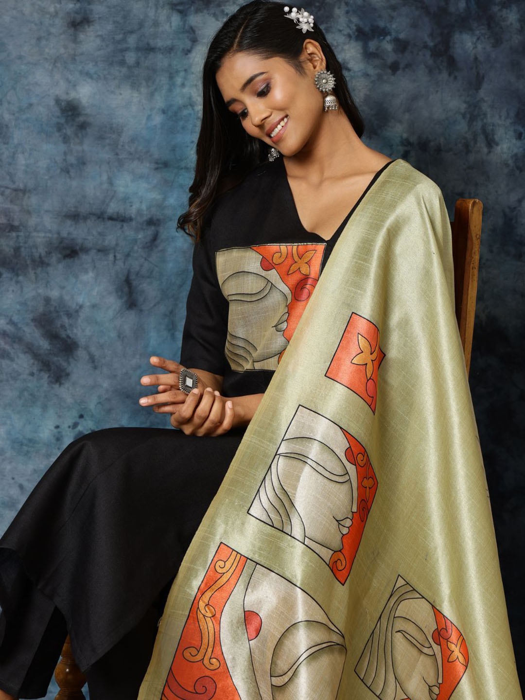 

Sangria Black Abstract Printed V-Neck Patchwork Straight Kurta With Trousers And Dupatta