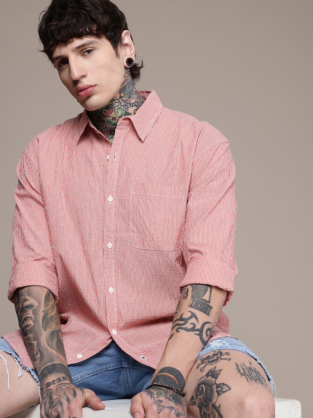 

The Roadster Lifestyle Co. Relaxed Striped Pure Cotton Casual Shirt, Red