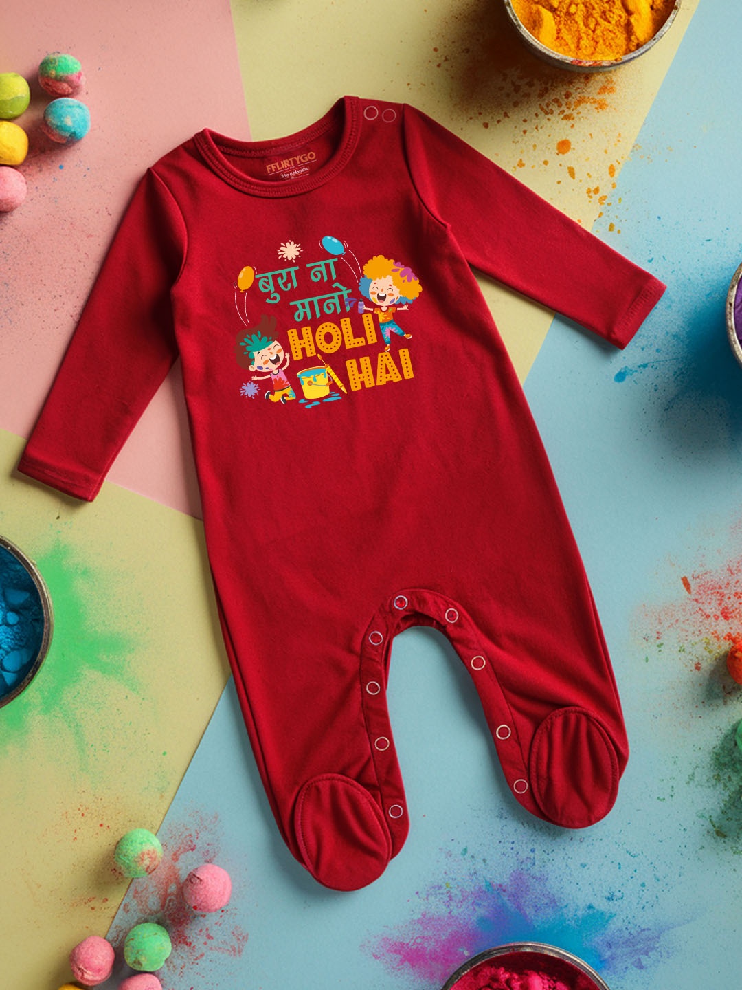 

FFLIRTYGO Infants Holi Printed Cotton Sleepsuit, Red