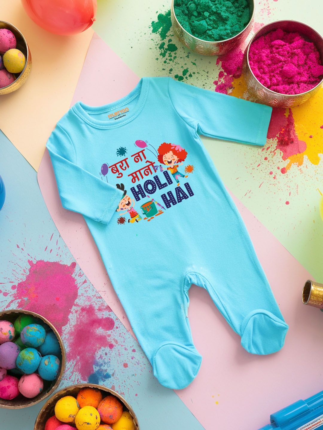 

FFLIRTYGO Infants Holi Printed Cotton Sleepsuit, Turquoise blue