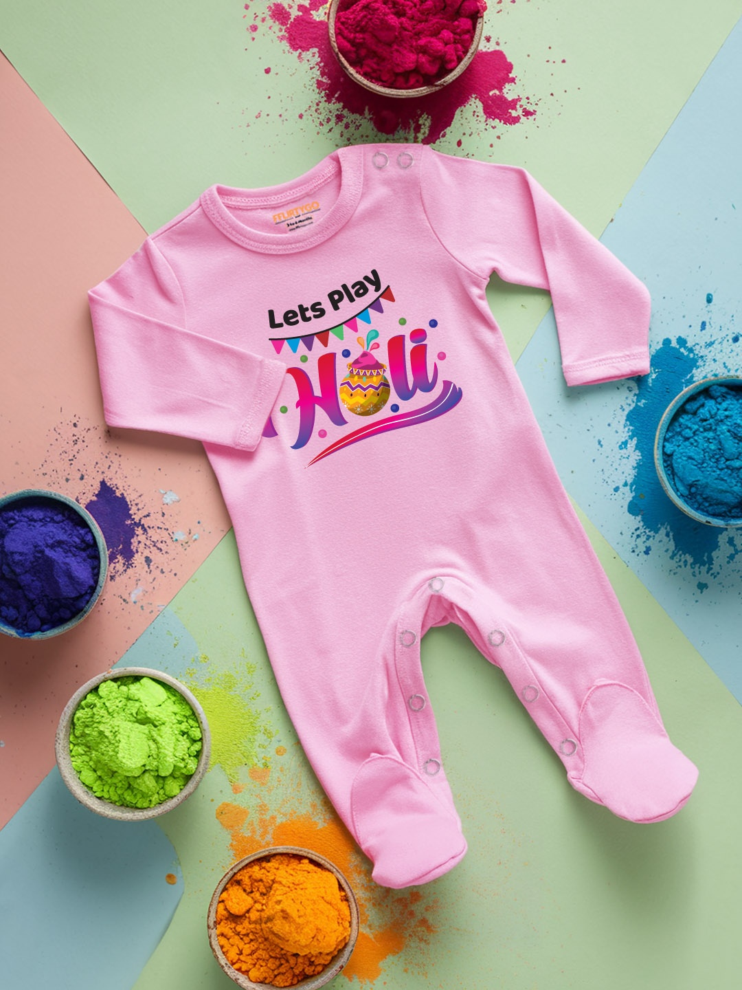

FFLIRTYGO Infants Holi Printed Pure Cotton Sleepsuit, Pink