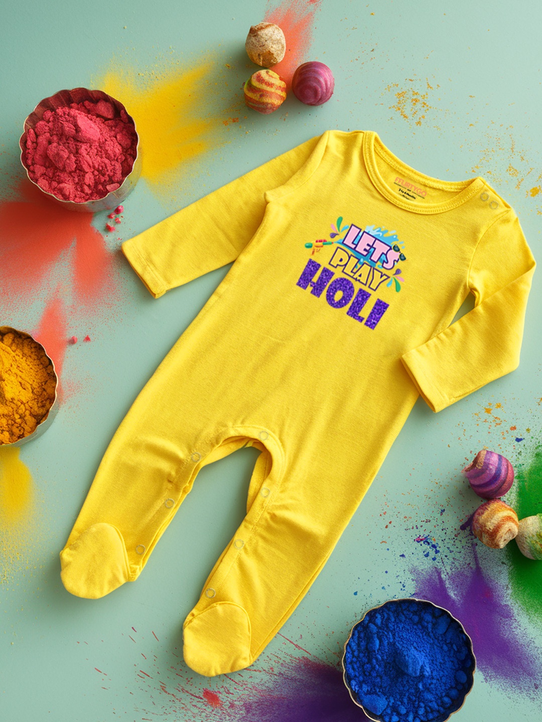 

FFLIRTYGO Infants Holi Printed Pure Cotton Sleepsuit, Yellow