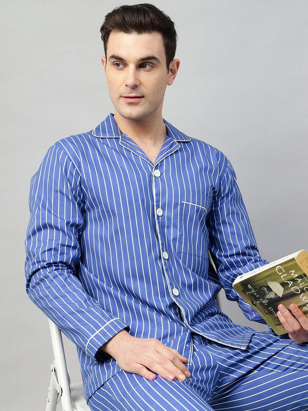 

Hancock Men Striped Printed Cotton Night suit, Blue