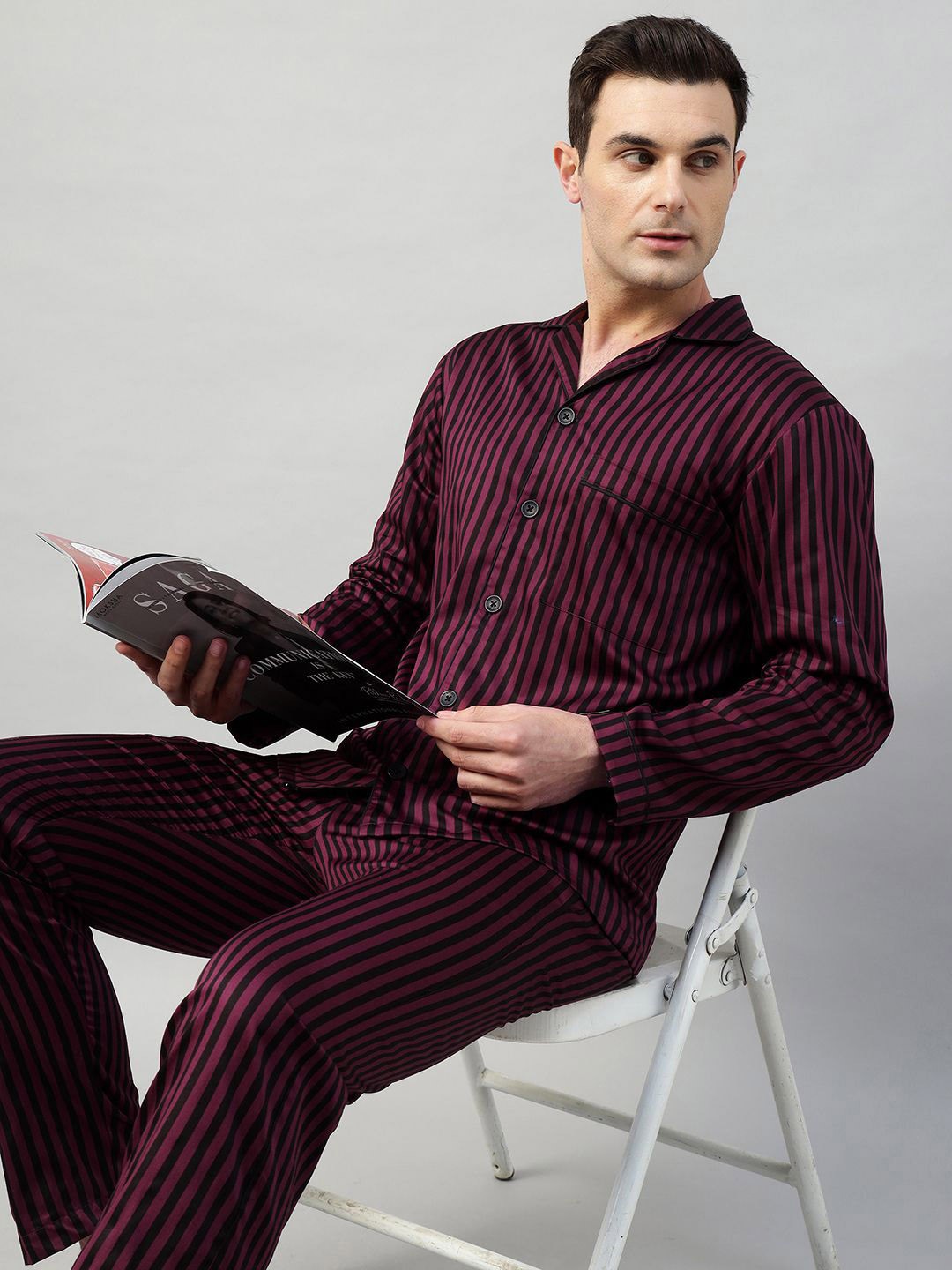 

Hancock Men Striped Pure Cotton Night Suit, Maroon