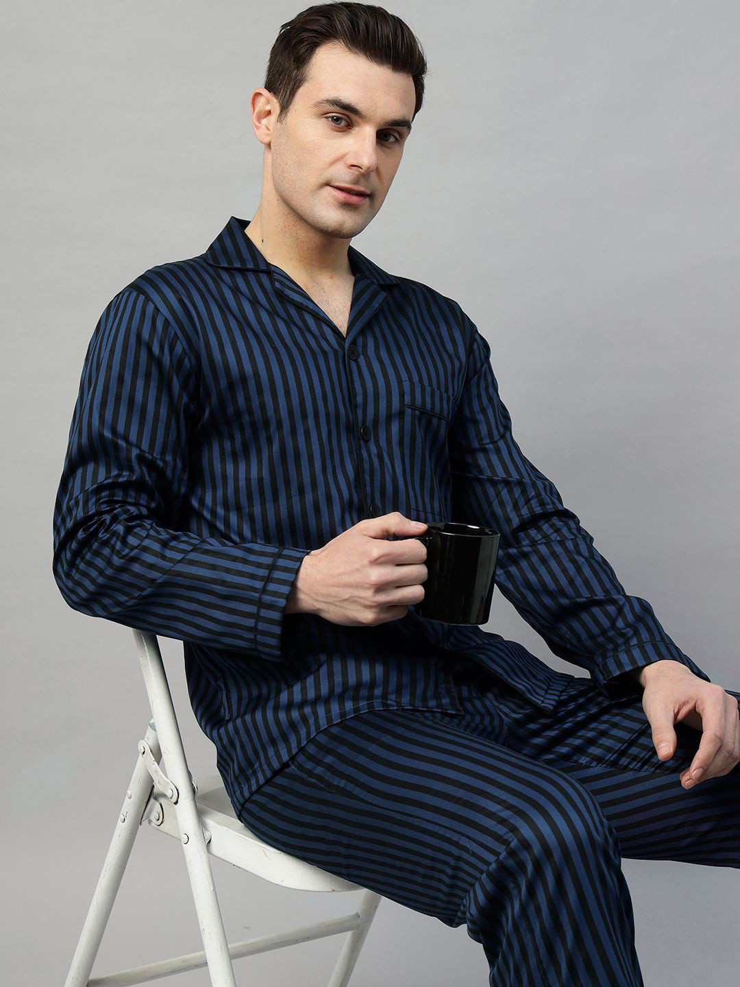 

Hancock Men Striped Satin Night suit, Blue