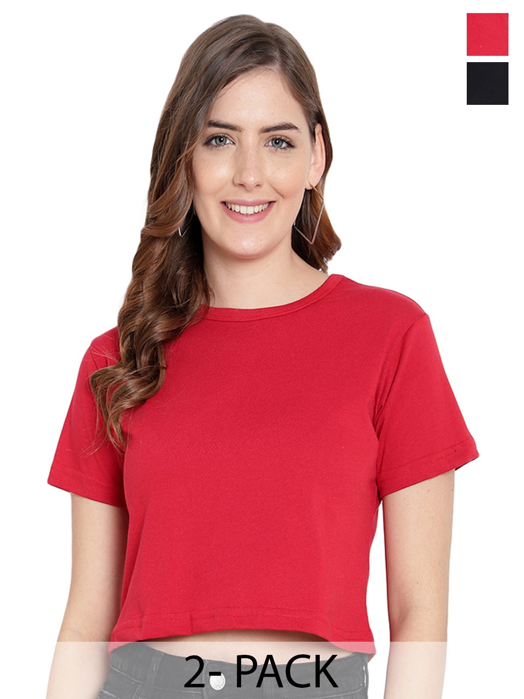 

DEEPMAYRA COLLECTION Women Pack Of 2 Solid Cotton Boxy Fit Crop T-shirts, Red