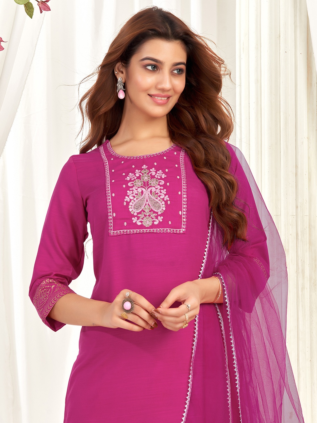 

KALINI Ethnic Motifs Yoke Design Sequinned Straight Kurta With Trousers And Dupatta, Pink