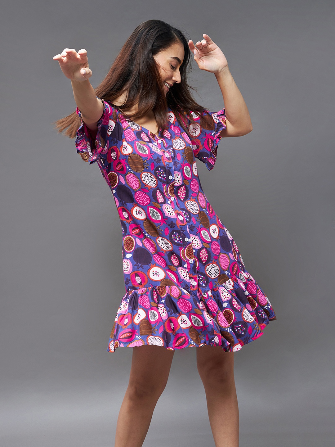 

The Roadster Lifestyle Co Printed Ruffled Hem Knee-Long Dress, Purple