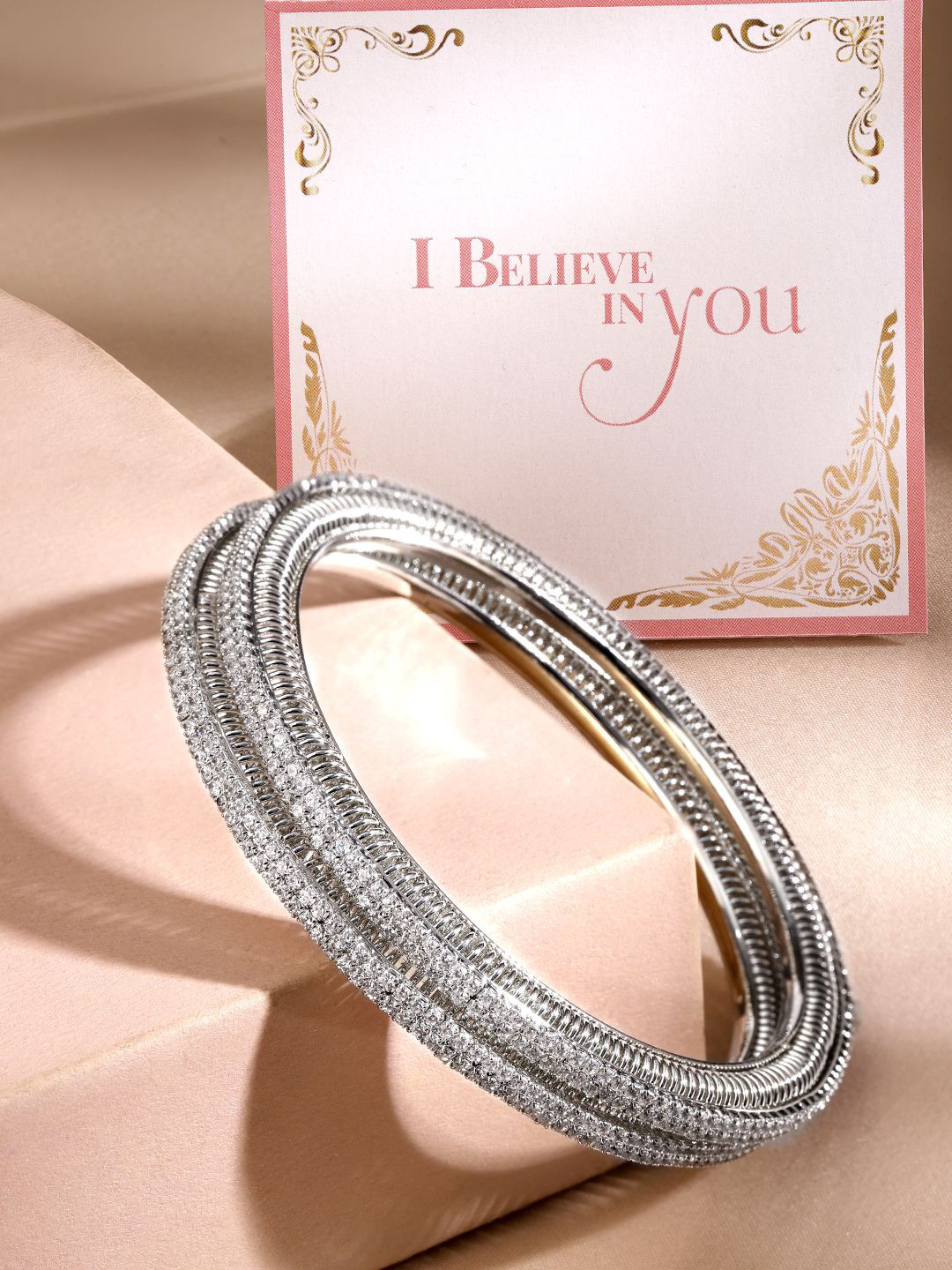 

Rubans Valentine's Set of 2 Rhodium-Plated Sparkling Cubic Zirconia Studded Bangles, Silver
