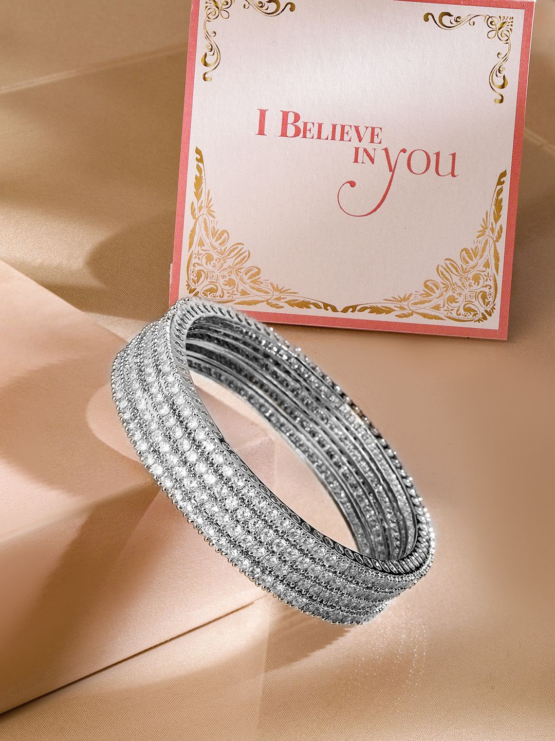 

Rubans Valentine's Set of 4 Rhodium-Plated Cubic Zirconia Studded Bangles, Silver