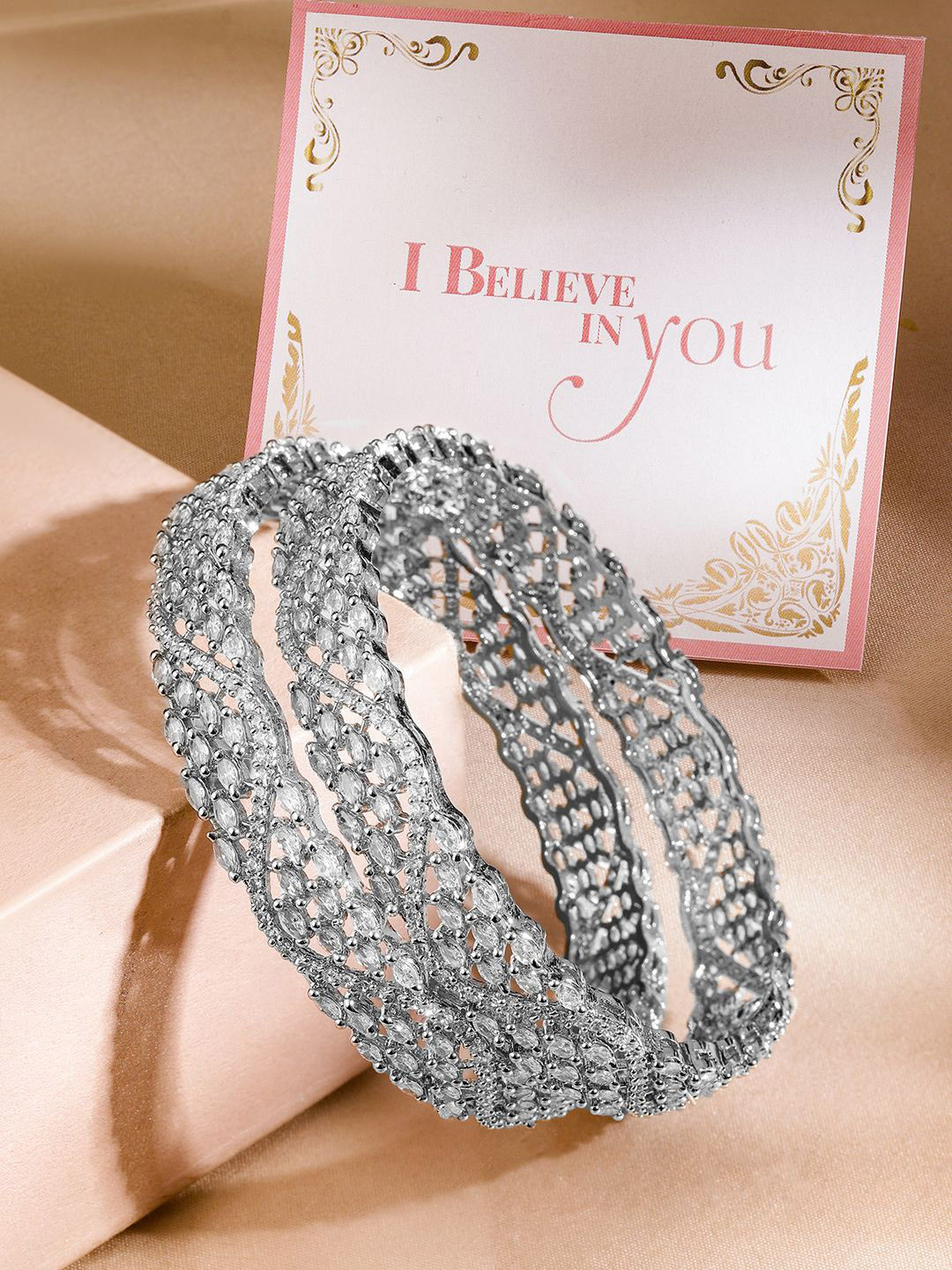 

Rubans Valentine's Set of 2 Rhodium Plated American Diamond Stone Studded Bangles, Silver