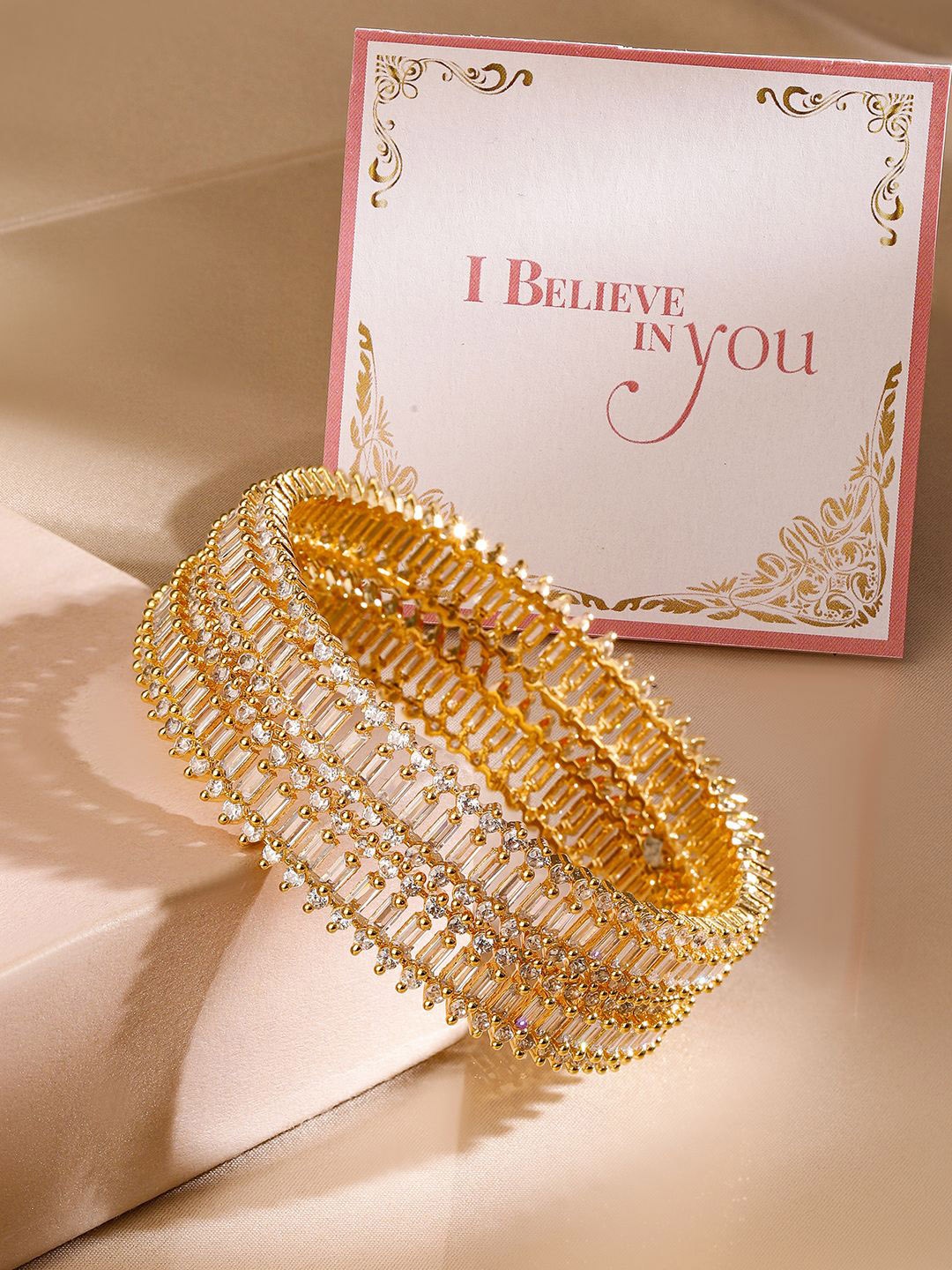 

Rubans Set of 2 Valentine's 22KT Gold Plated Crystal CZ & AD Studded Traditional Bangles