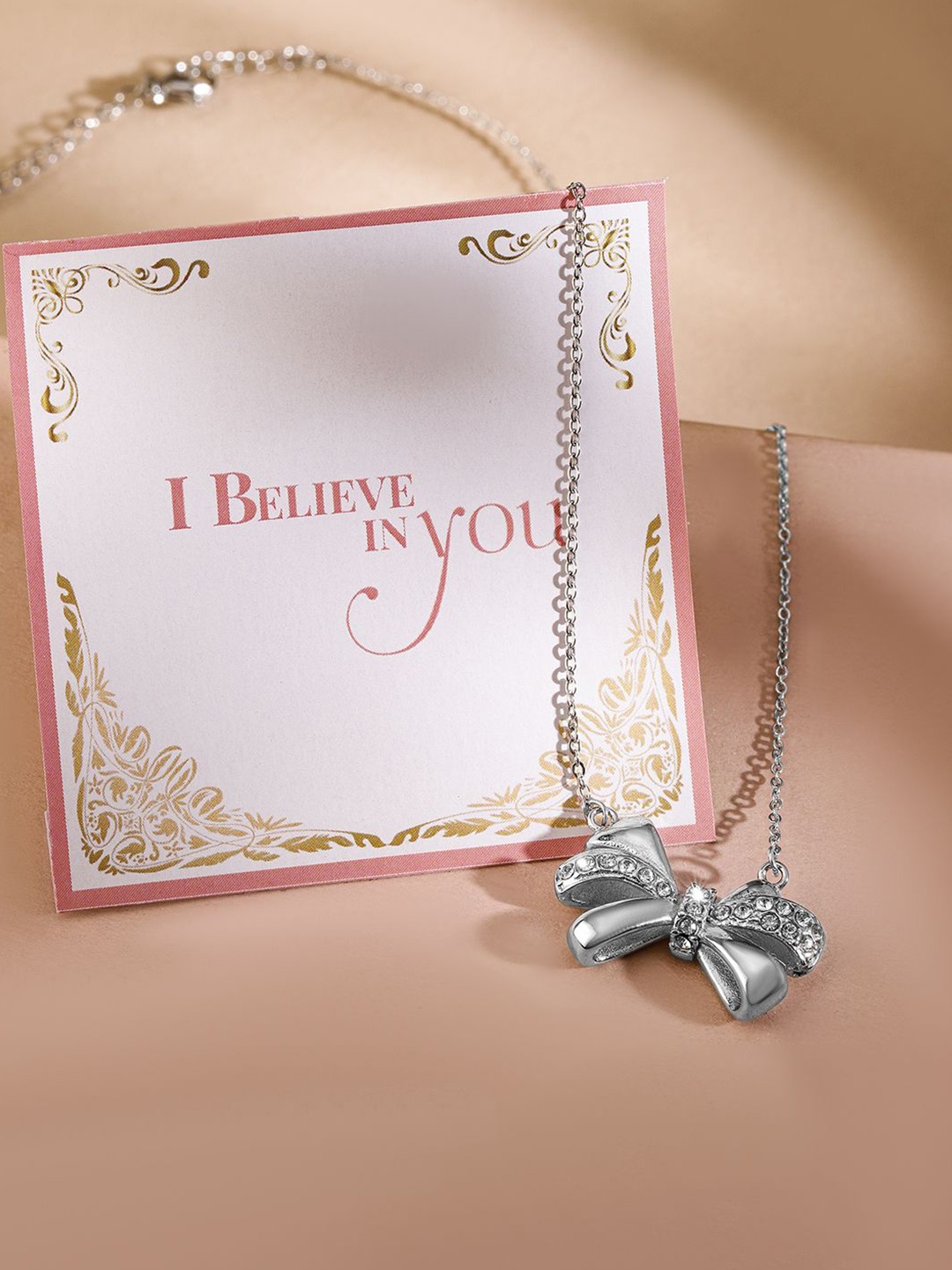 

Rubans Valentine's Silver Plated Stainless Steel Tarnish Free Bow Pendant Necklace