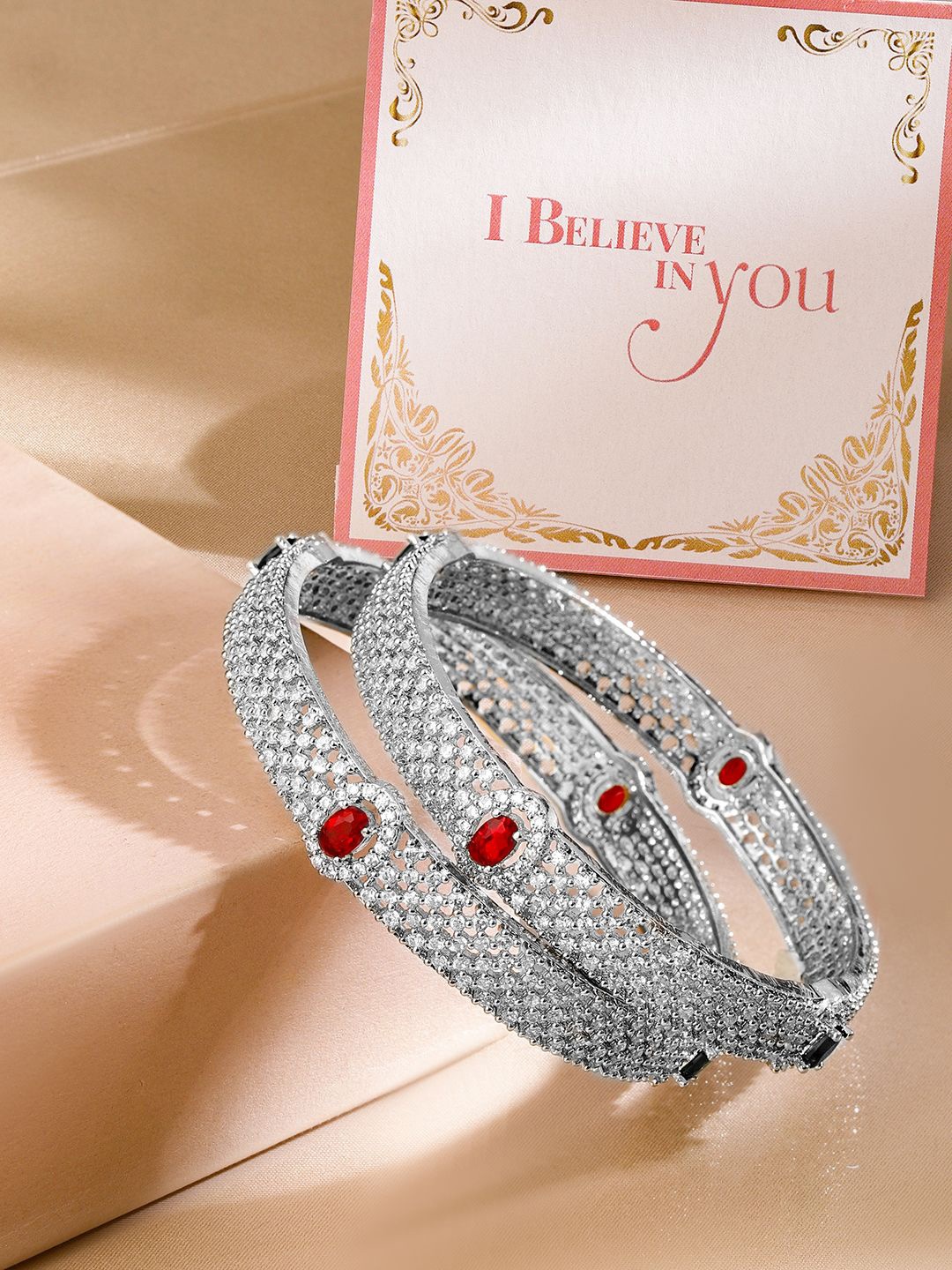

Rubans Valentine's Set of 2 Rhodium-Plated Cubic Zirconia Studded Bangles, Silver