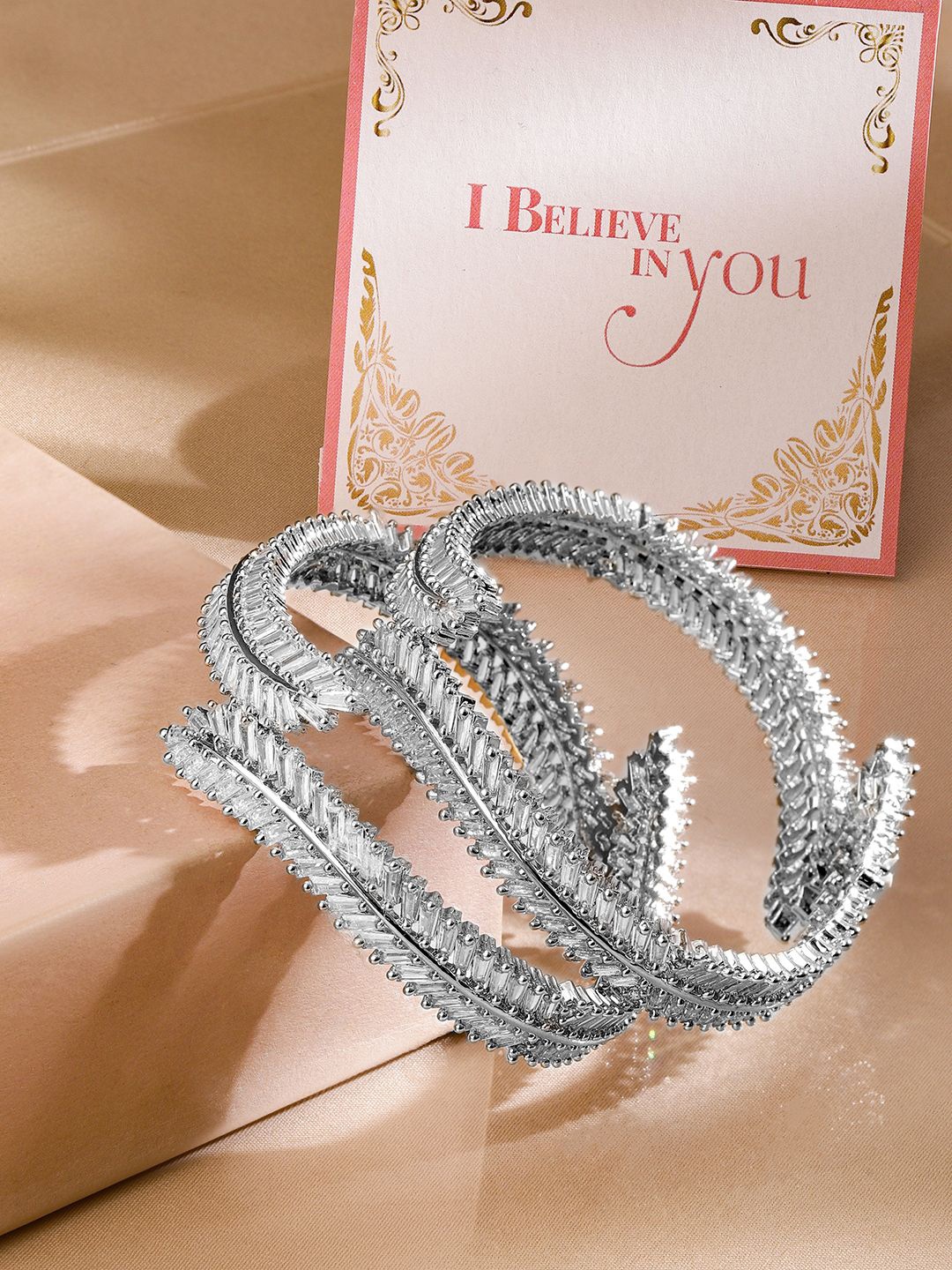 

Rubans Valentine's Set of 2 Rhodium Plated AD & Cubic Zirconia Studded Premium Bangles, Silver