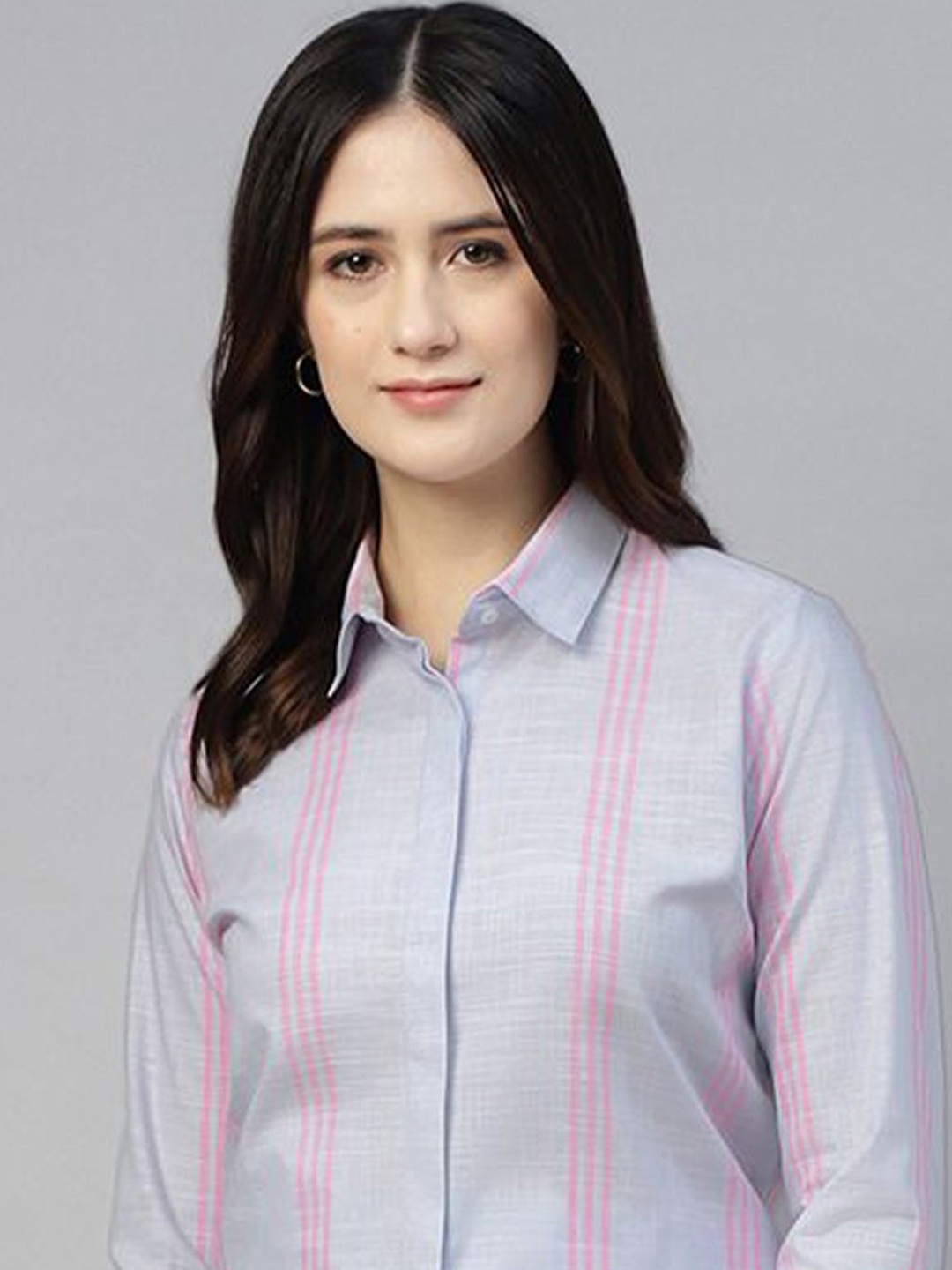 

Hancock Women Classic Fit Spread Collar Vertical Striped Cotton Formal Shirt, Blue