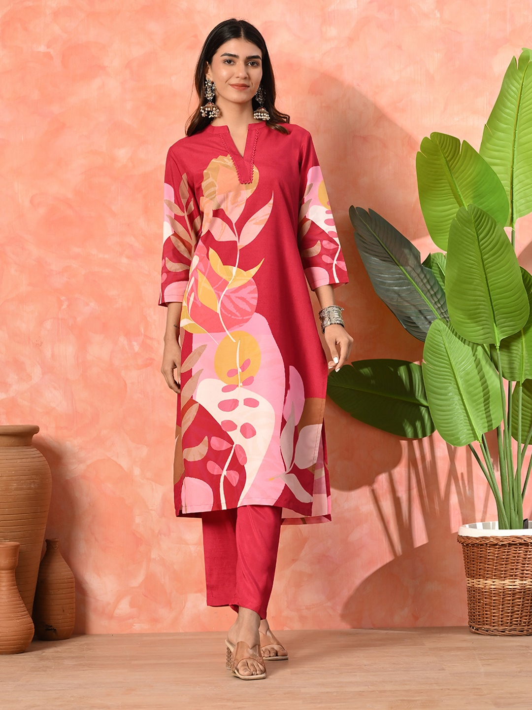 

Sangria Women Red Poly Rayon Digital Printed Kurta with Pant