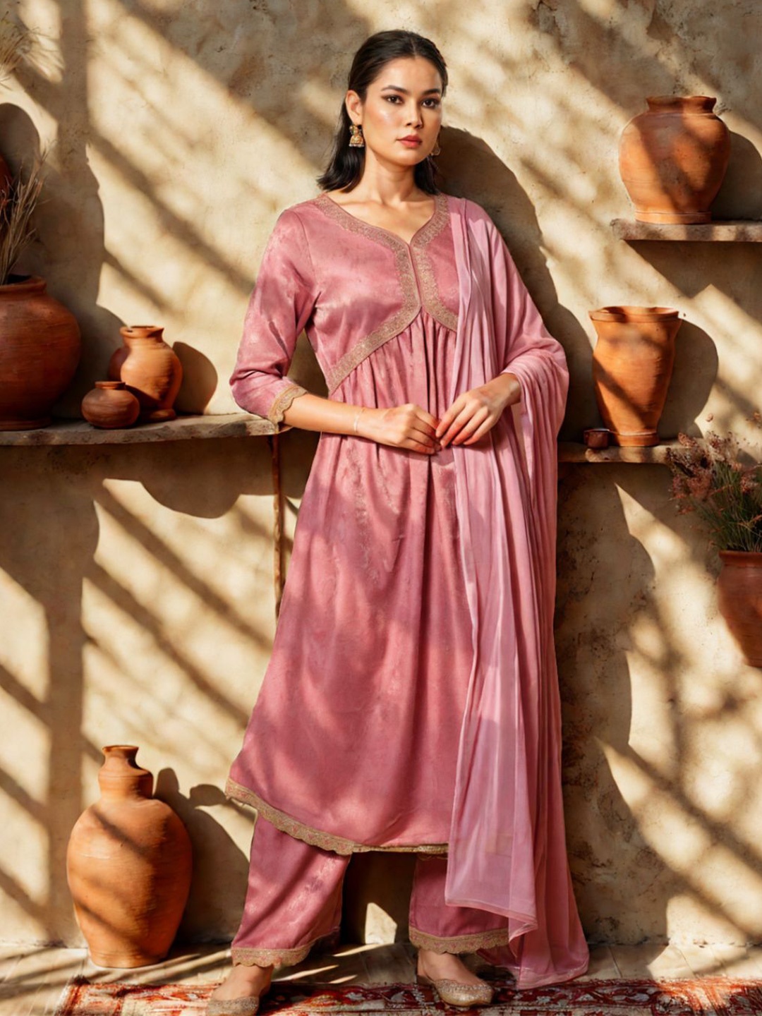 

Sangria Women Velvet Ethnic Kurta Set, Pink