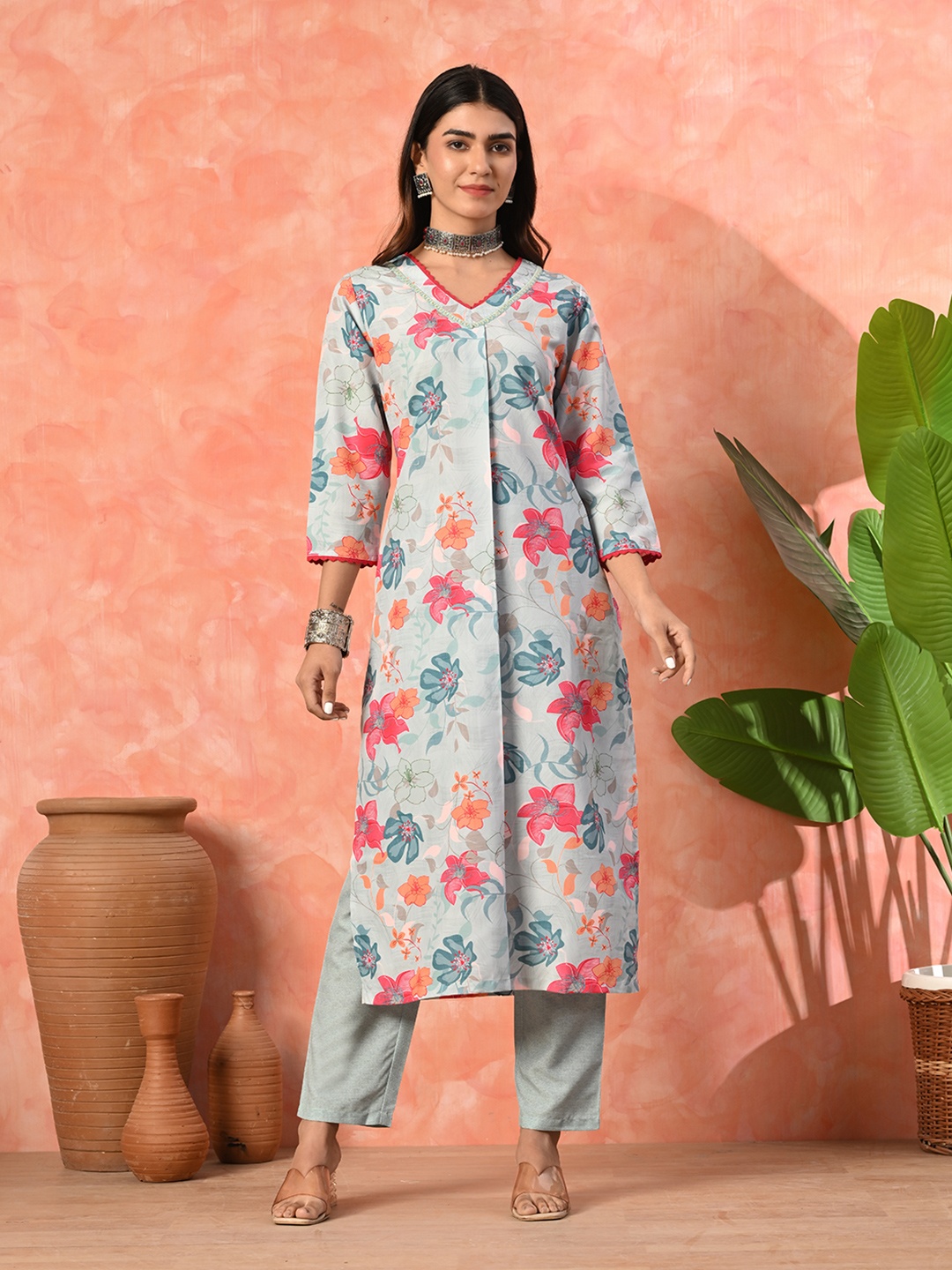 

Sangria Women Blue Poly Rayon Digital Printed Kurta with Pant