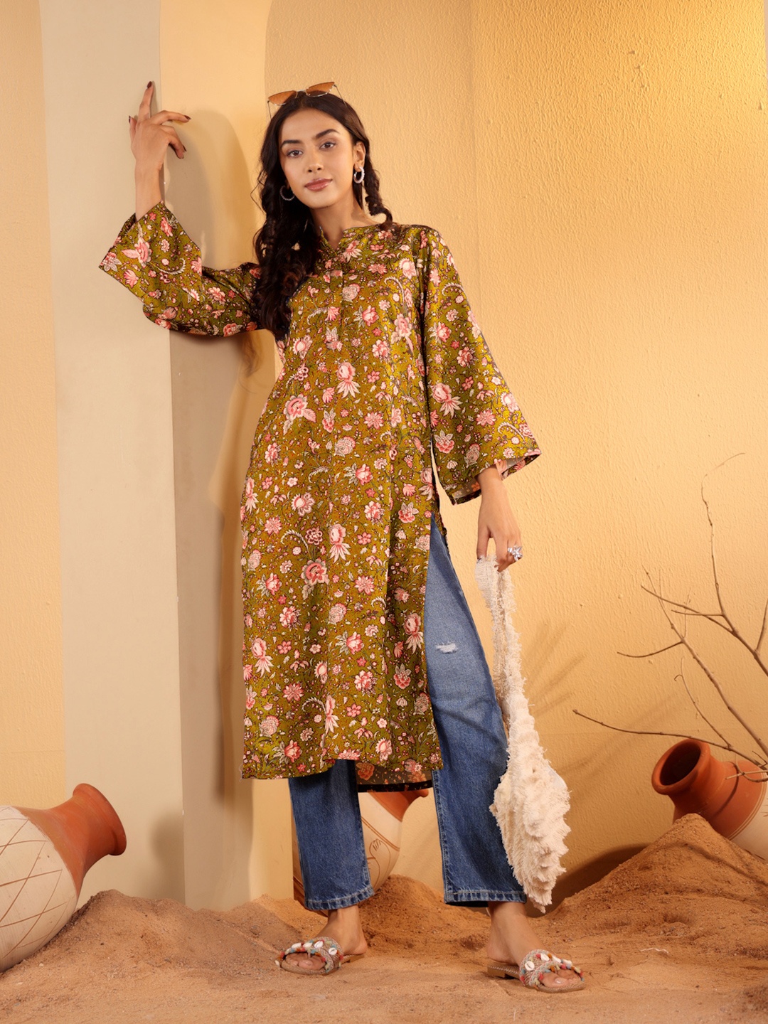 Varanga Floral Printed Mandarin Collar Flared Sleeves Straight Kurta, Mustard