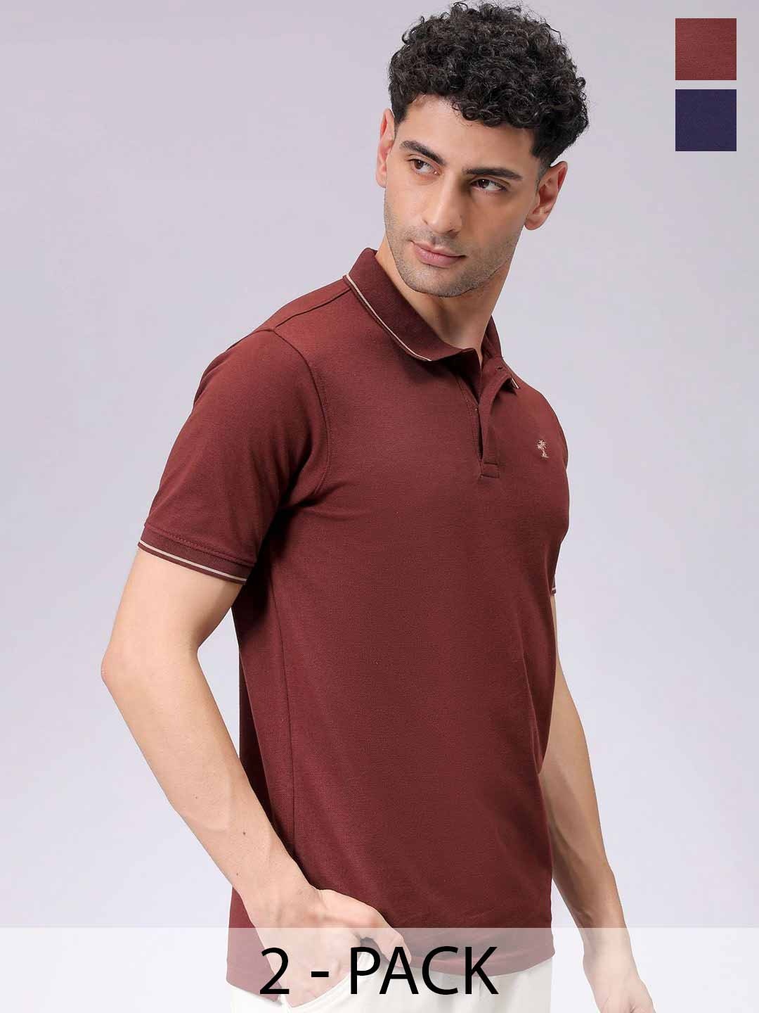 

The Indian Garage Co Men Pack of 2 Solid Polo Collar T-shirts, Brown