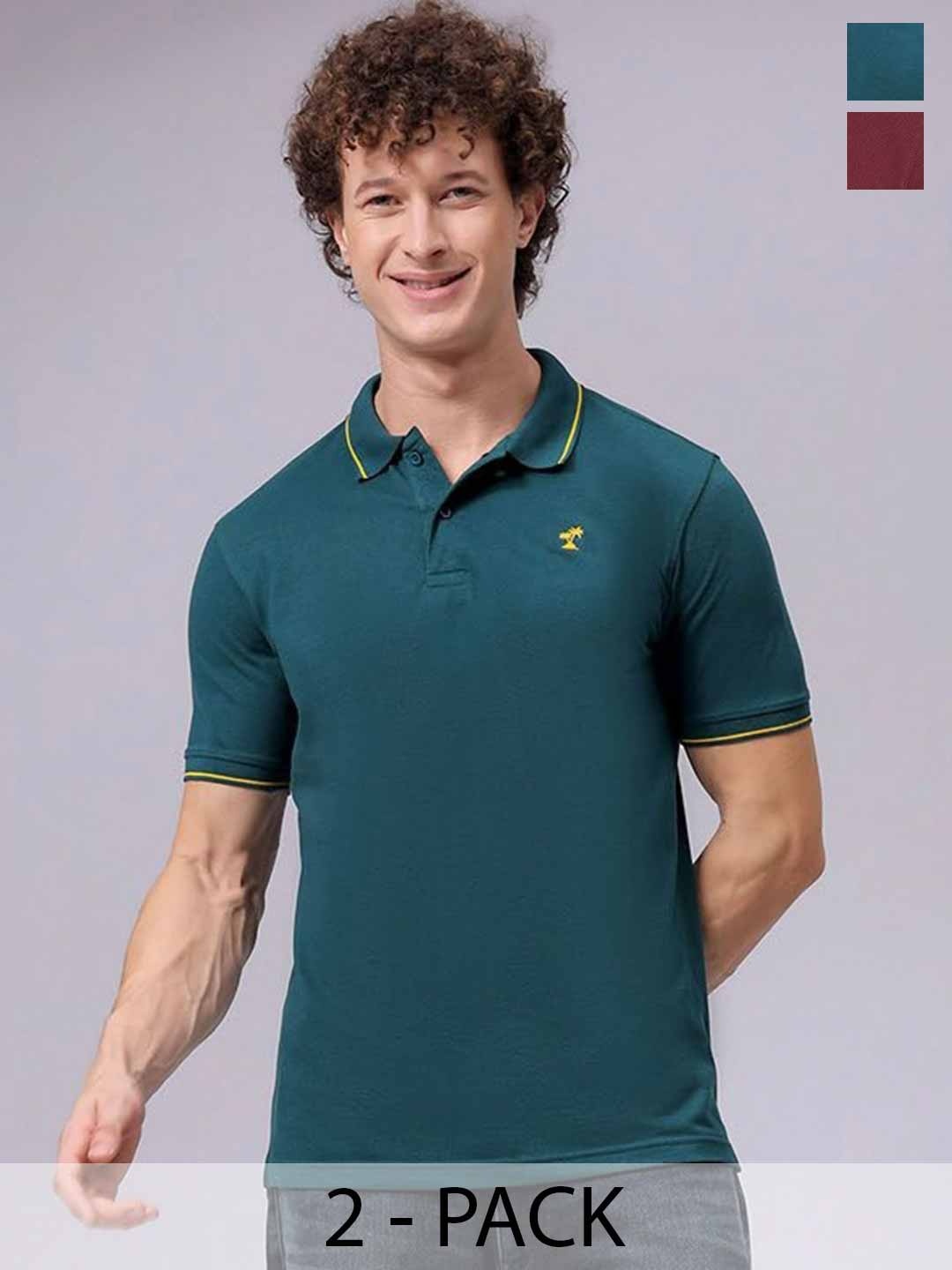 

The Indian Garage Co Men Pack of 2 Polo Collar Cotton T-shirts, Green
