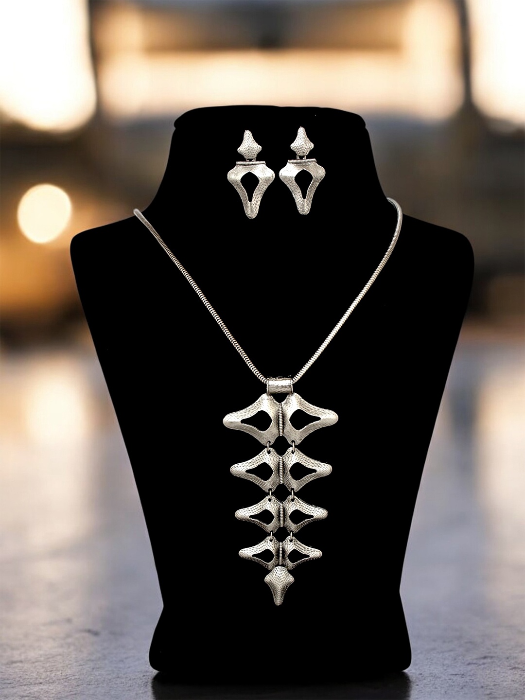 

LUCKY JEWELLERY Silver-Plated Oxidised Quirky Shaped Necklace With Earrings