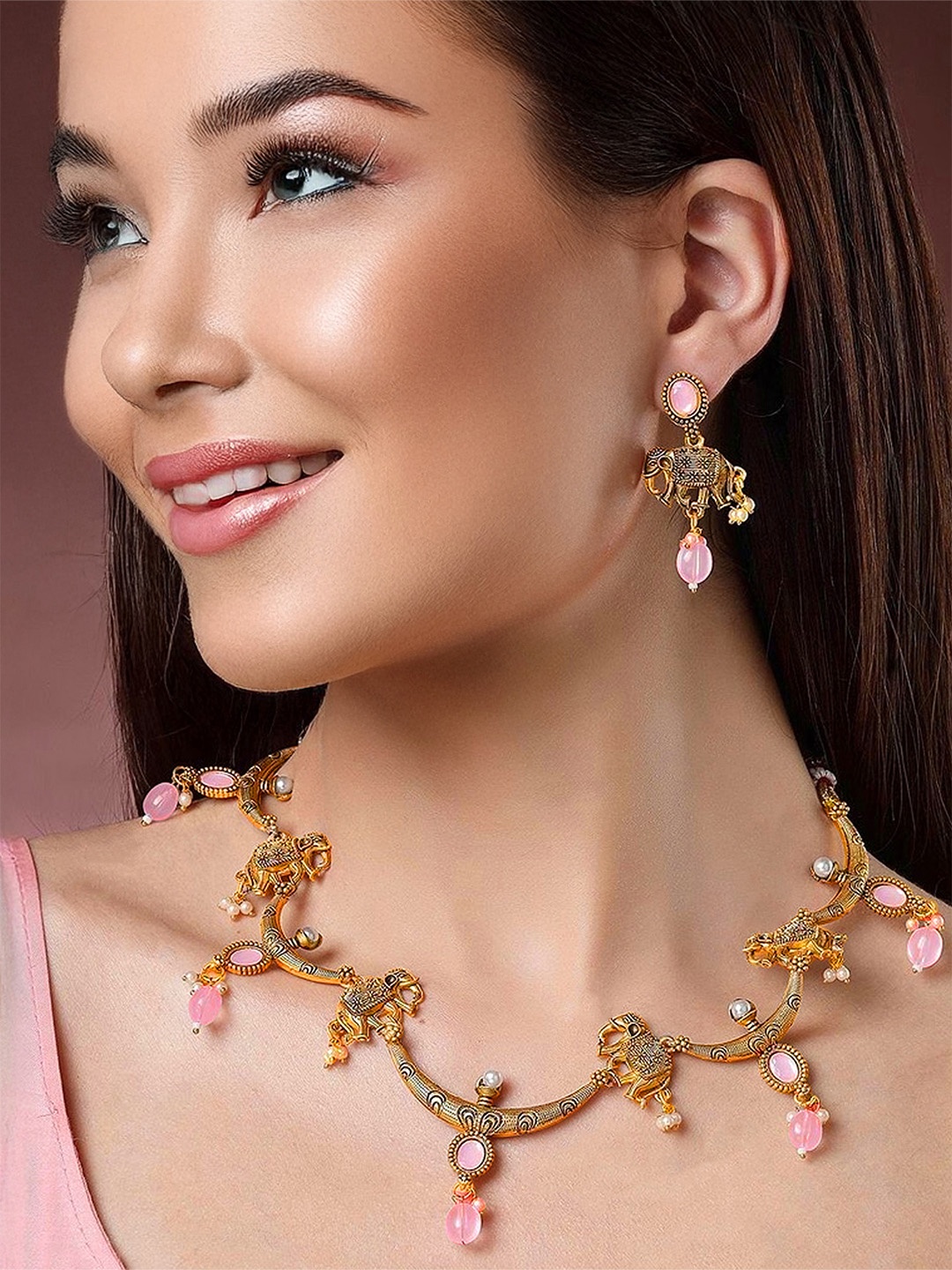 

LUCKY JEWELLERY Gold-Plated Artificial Stones Studded And Beaded Necklace And Earrings