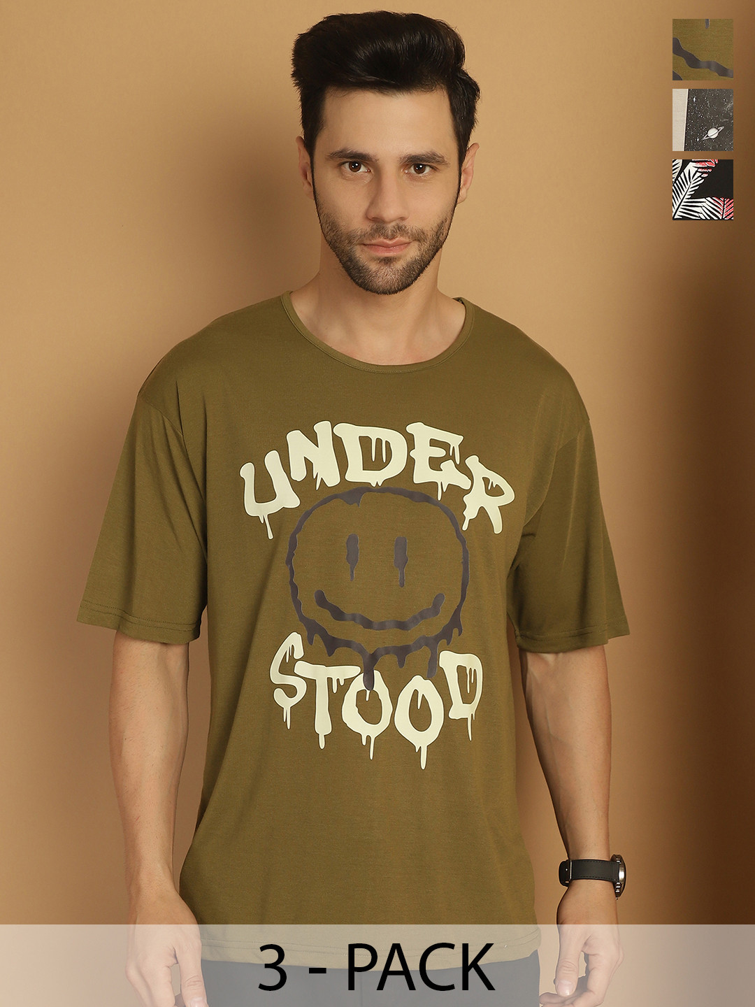 

MACK JONNEY Men Pack Of 3 NASA Typography Printed Round Neck Cotton Oversized T-shirts, Olive
