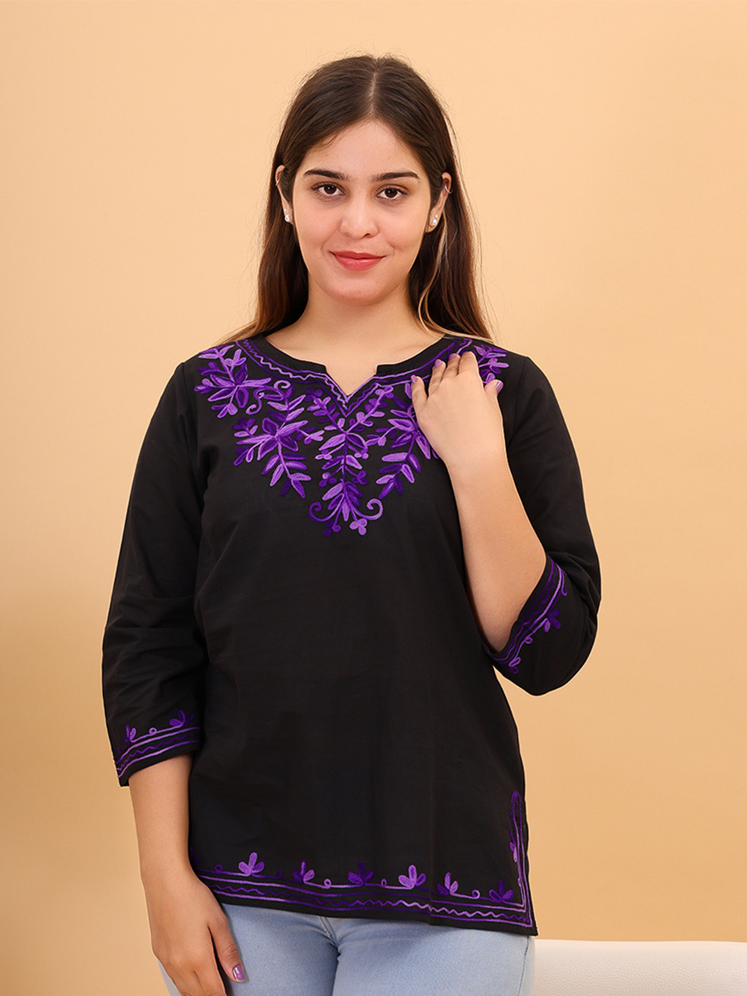 

FEMBLISS Floral Embroidered Notch Neck Thread Work Straight Kurta, Black