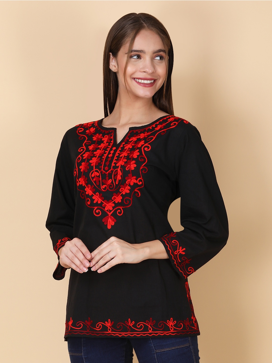 

FEMBLISS Floral Embroidered Notch Neck Kurtas, Black