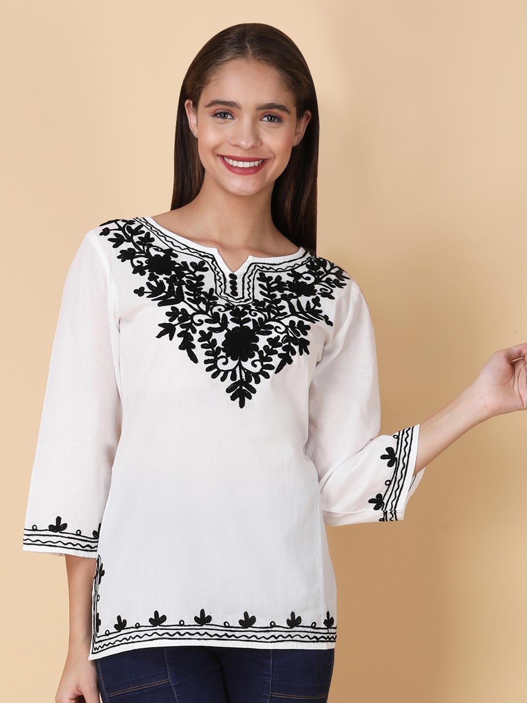 

FEMBLISS Floral Embroidered Pure Cotton Straight Kurti, White