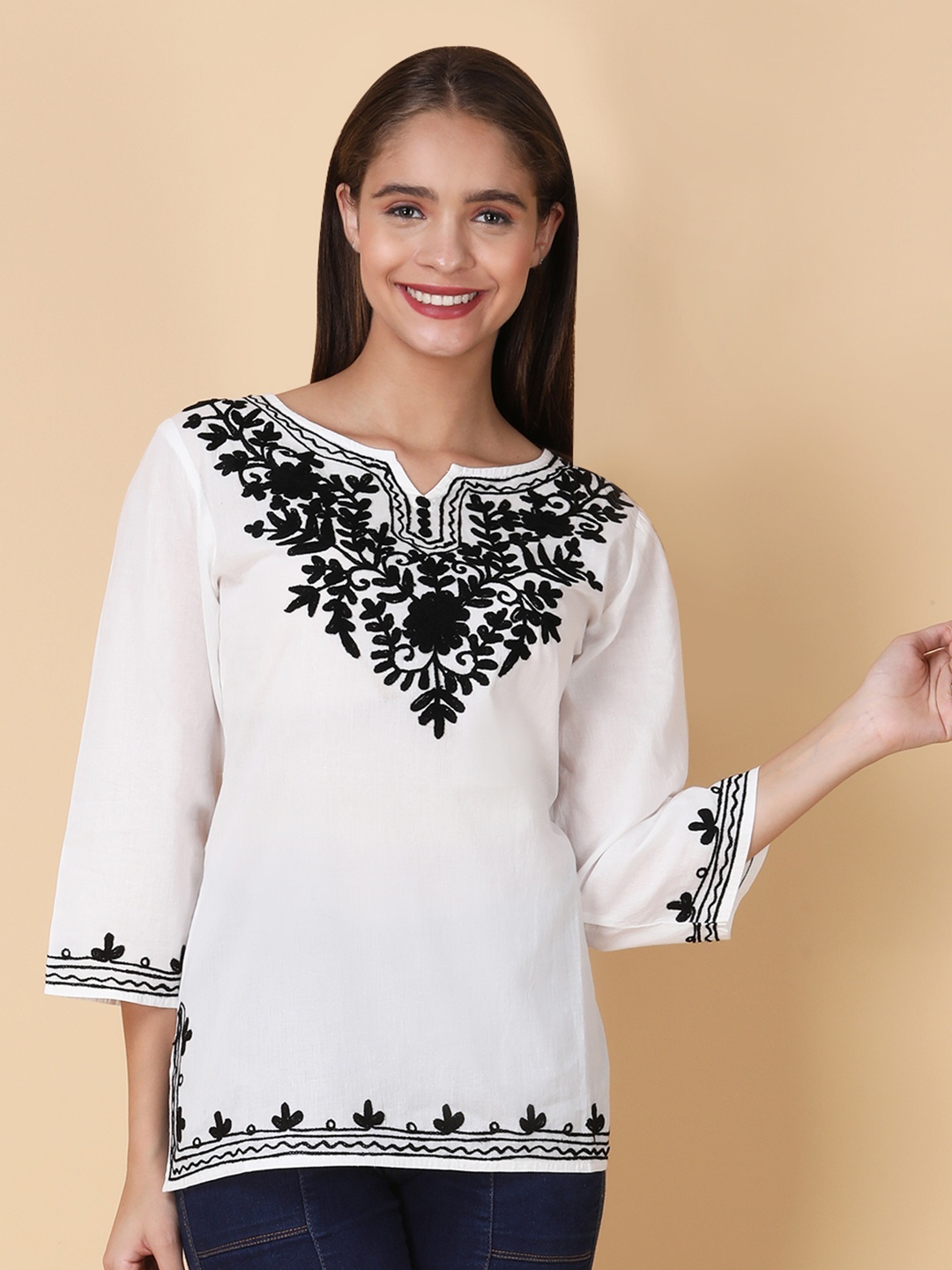 

FEMBLISS Floral Embroidered Pure Cotton Straight Kurti, White